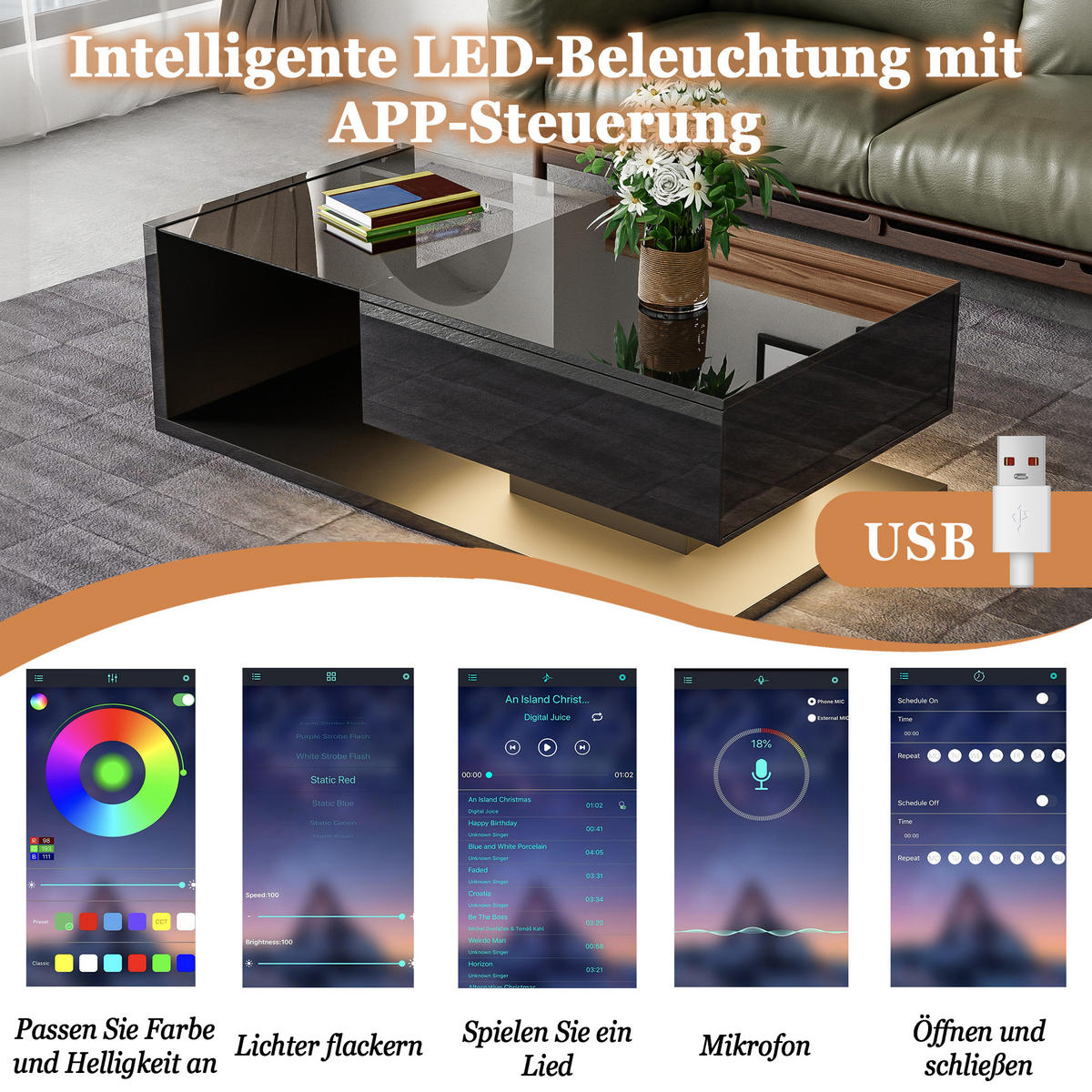 COUCHTISCH Hochglanzschwarz mit Glas & LED-Effekt - Schwarz, Holz (105/55/32.5cm) - FLIEKS