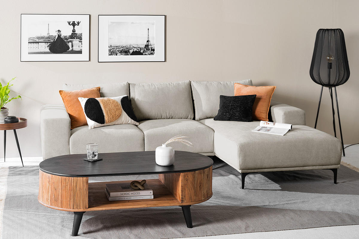 ECKSOFA - Sandfarben/Schwarz, Textil/Metall (244/150cm) - home24