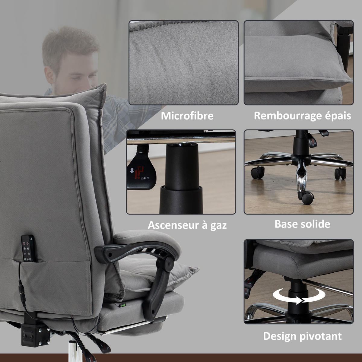 CHEFSESSEL DE-11806 mit Massage & Heizung Grau - Grau, Metall (66/121.5/74cm) - ComfortXL
