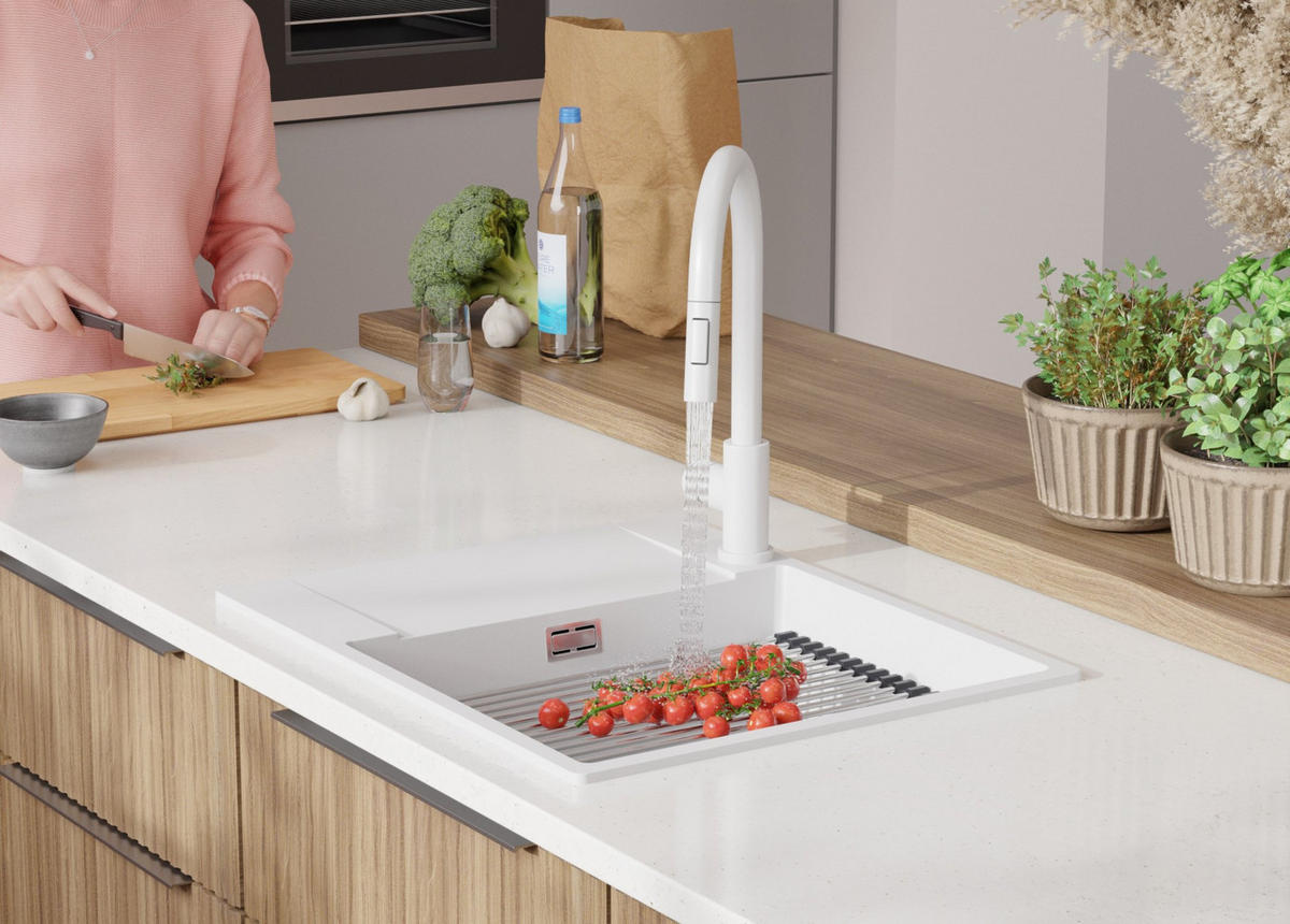 GRANITSPÜLE San Francisco, 2-er set Weiß 62/50 cm 1 Becken + Küchenarmatur 38/14 cm + Ablauf-Set + Aufrollbare Abtropffläche ab 50er Unterschrank - Chromfarben/Weiß, Kunststoff (62/20/50cm) - Primagran