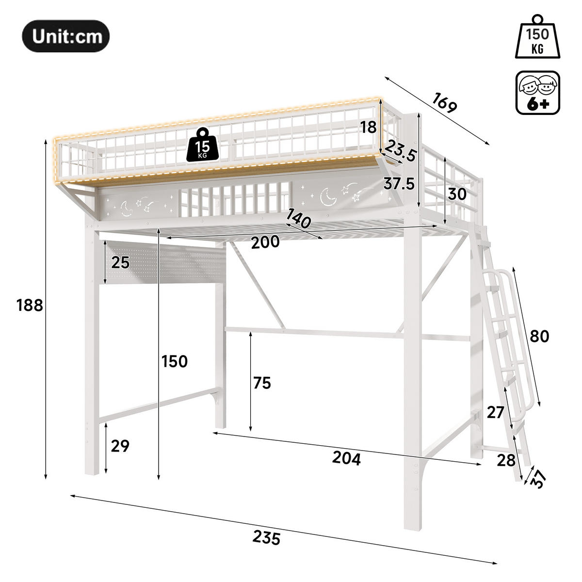 HOCHBETT 140/200 cm mit Metallgestell Weiß, Staufächern und offener Unterseite - Weiß, Metall