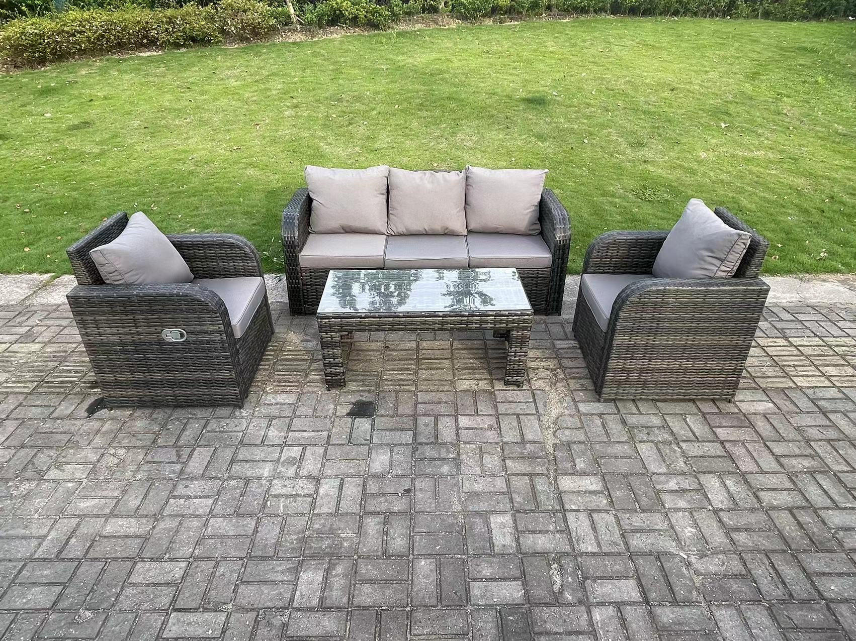 LOUNGESOFA Polyrattan 5-Sitzer - Dunkelgrau/Grau, Glas/Kunststoff - Fimous