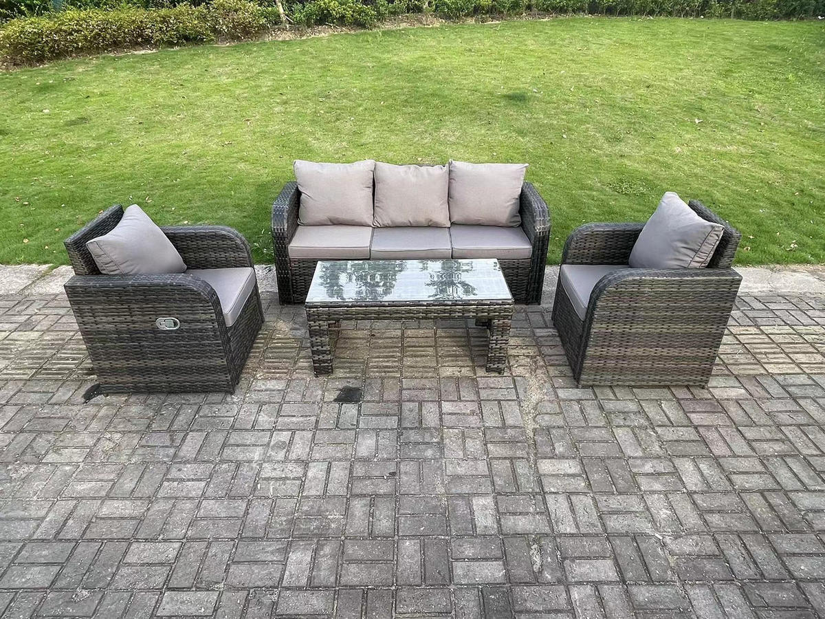 LOUNGESOFA Polyrattan 5-Sitzer - Dunkelgrau/Grau, Glas/Kunststoff - Fimous