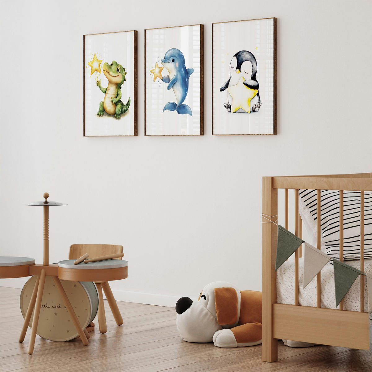 POSTER SET für Kinderzimmer TIERE Sterne Krokodil Delfin Pinguin A4 21x30cm - Gelb/Schwarz, Papier (21/30/1cm) - Muralo