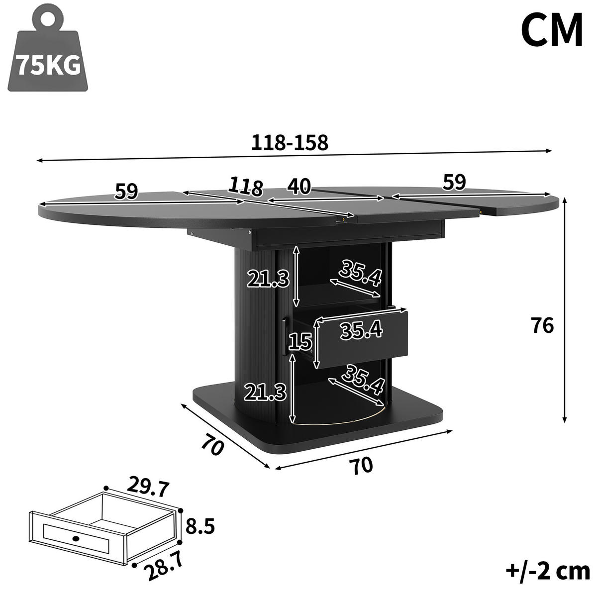 ESSTISCH in Schwarz Runder Küchentisch mit 118-158 ausziehbarer Tisch und Schubladen, 118-158/118/76cm - Schwarz, Holzwerkstoff (118/118/76cm) - STILVORA
