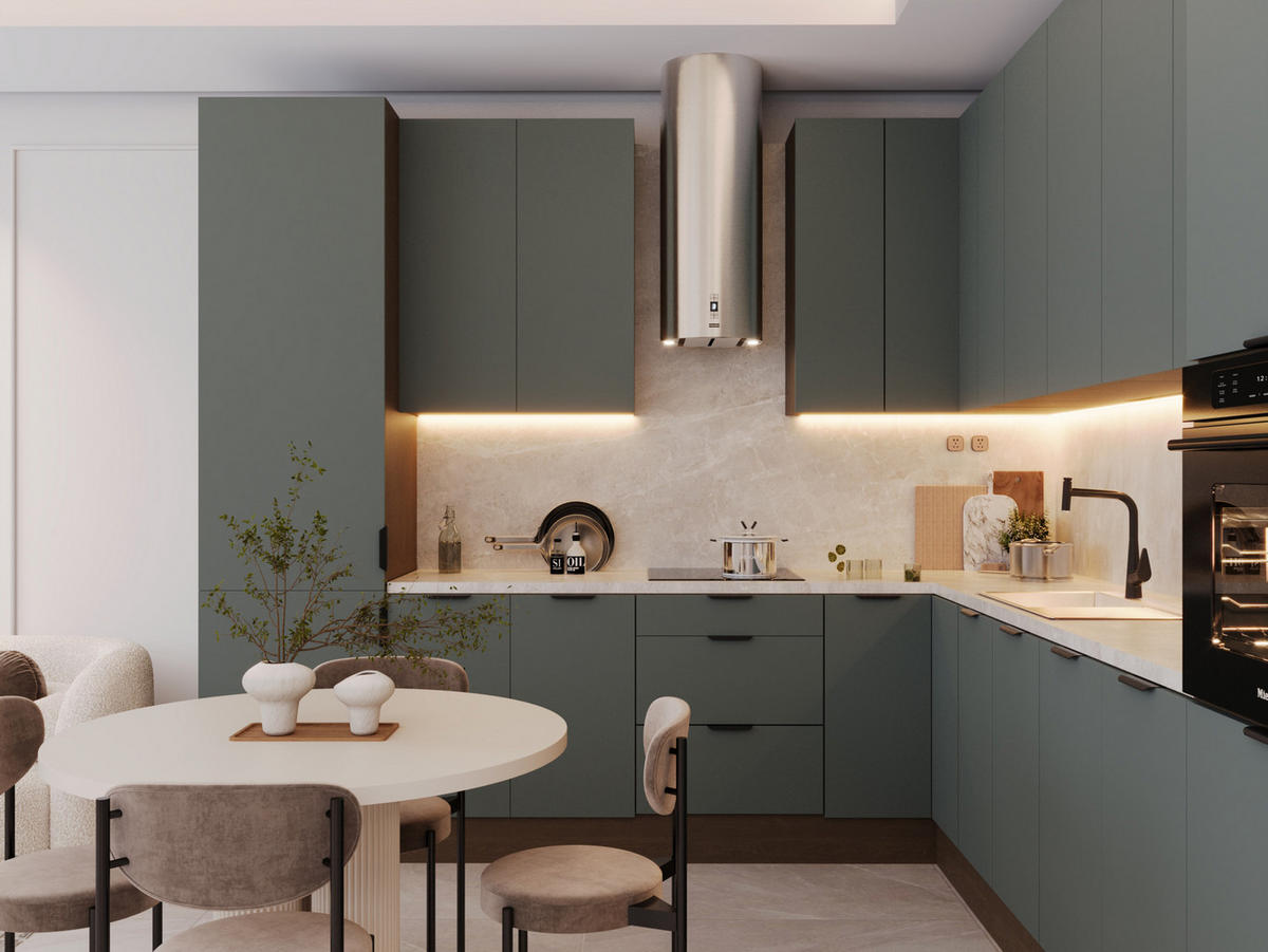 WINKELKÜCHE - 310 x 290 cm Livaro – KU-S34 – Grün / Dunkle Eiche - Dunkelbraun/Grün, Holzwerkstoff (310/247/290cm) - hi-markt