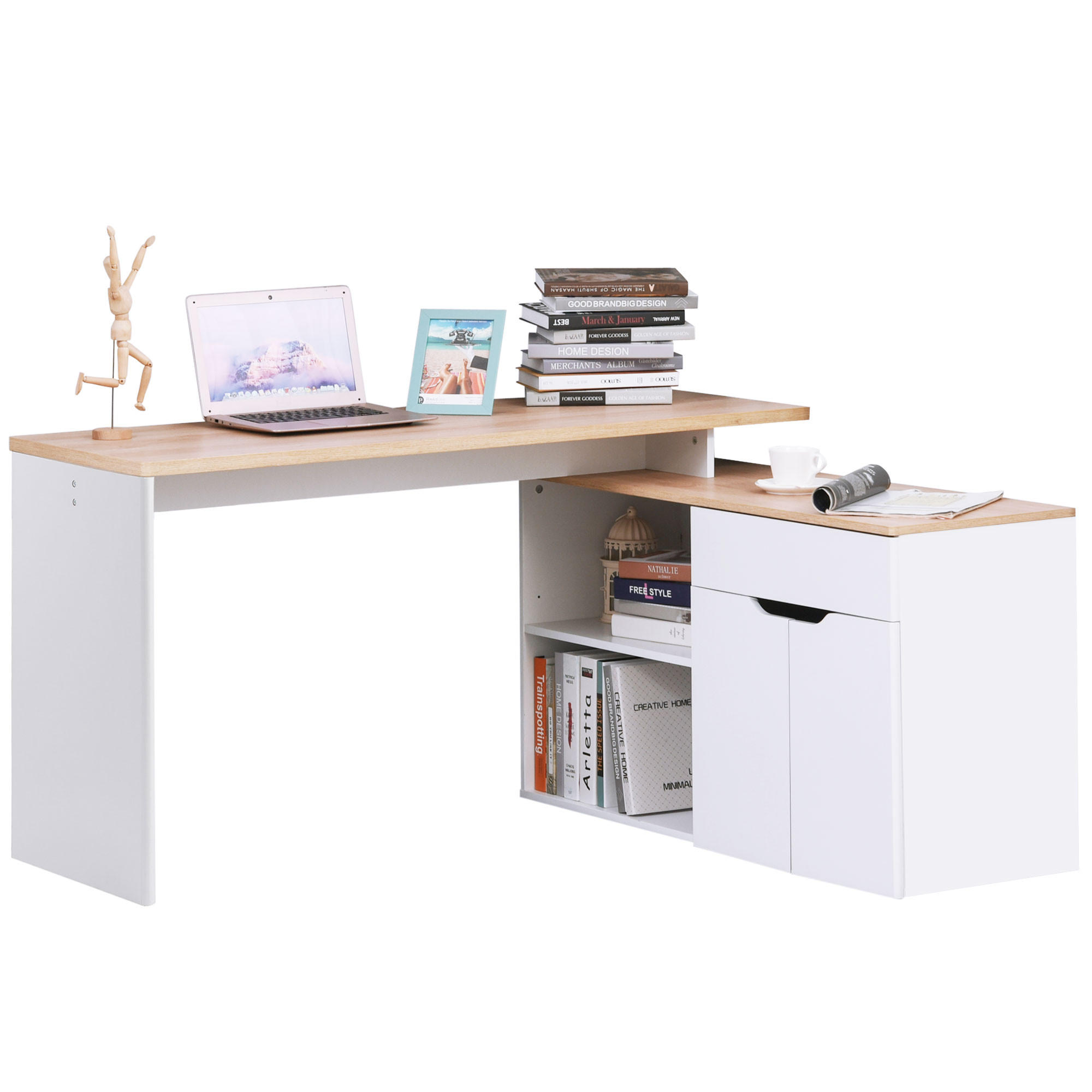 ECKSCHREIBTISCH Weiß und Holzoptik modulbar mit Schublade und Schrank 140/117/76 cm - Weiß, Holz (117/140/76cm) - PANGIVO