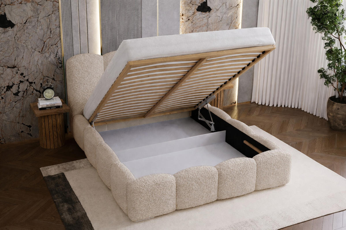 POLSTERBETT 200x200 cm Zenna Boucle mit Bettkasten, Lattenrost, Beige - Beige, Holz/Textil (200/200cm) - Emporius