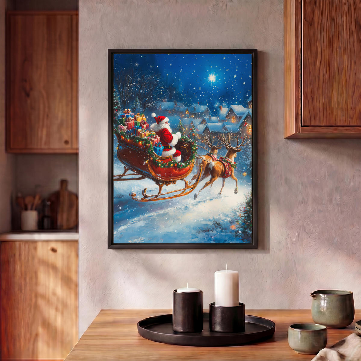 LEINWAND Bilder mit Rahmen - Weihnachtsmann - Rentier - Weihnachten - Schnee - 30x40 - Cognac, Textil (30/40cm) - MuchoWow