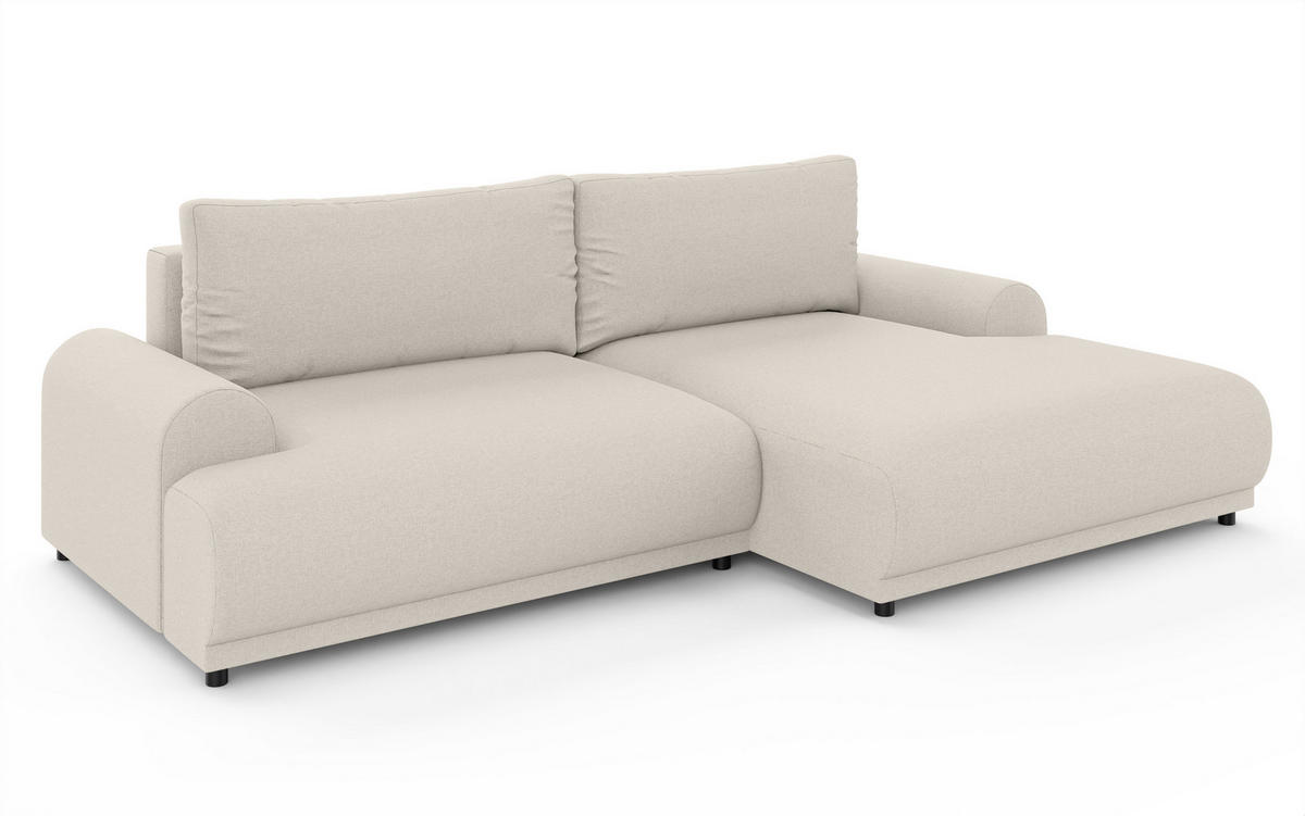 ECKSOFA mit Schlaffunktion, Bettkasten, extrabreite Ottomane rechts, abgerundete Armlehnen, B240/T145/H81 cm, Strukturstoff Beige / 21031 - Beige/Schwarz, Kunststoff/Textil (240/145cm) - luma-home