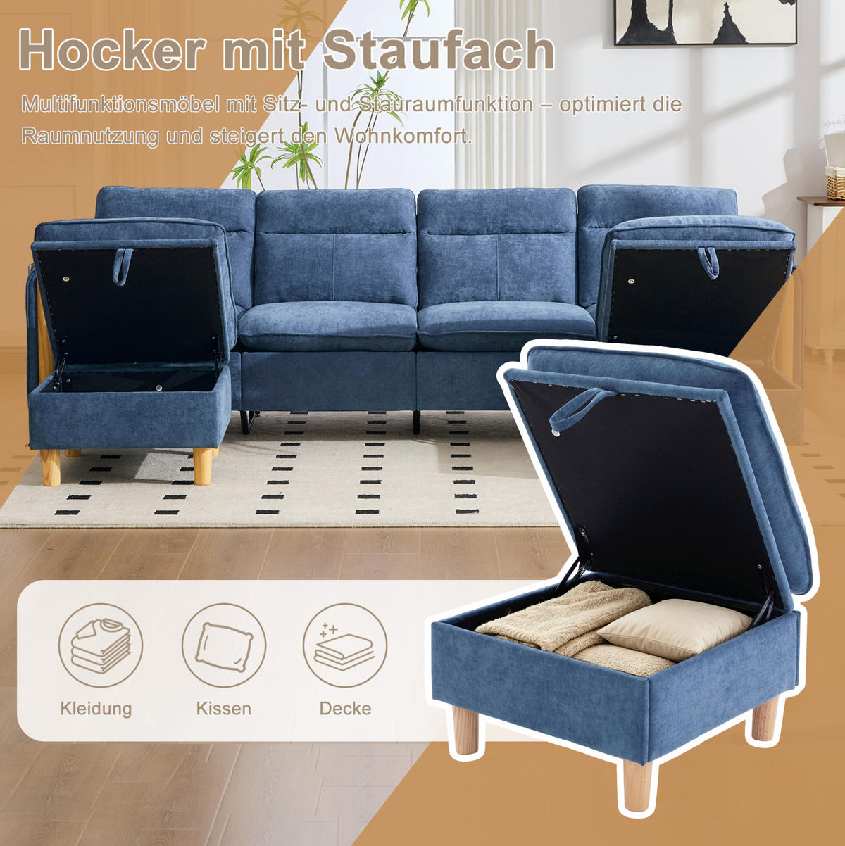 SOFA 261/77/86 cm in Blau aus Chenille, modular mit 2 Hockern und Stauraum - Blau, Textil (77/86/261cm) - Flora Grace