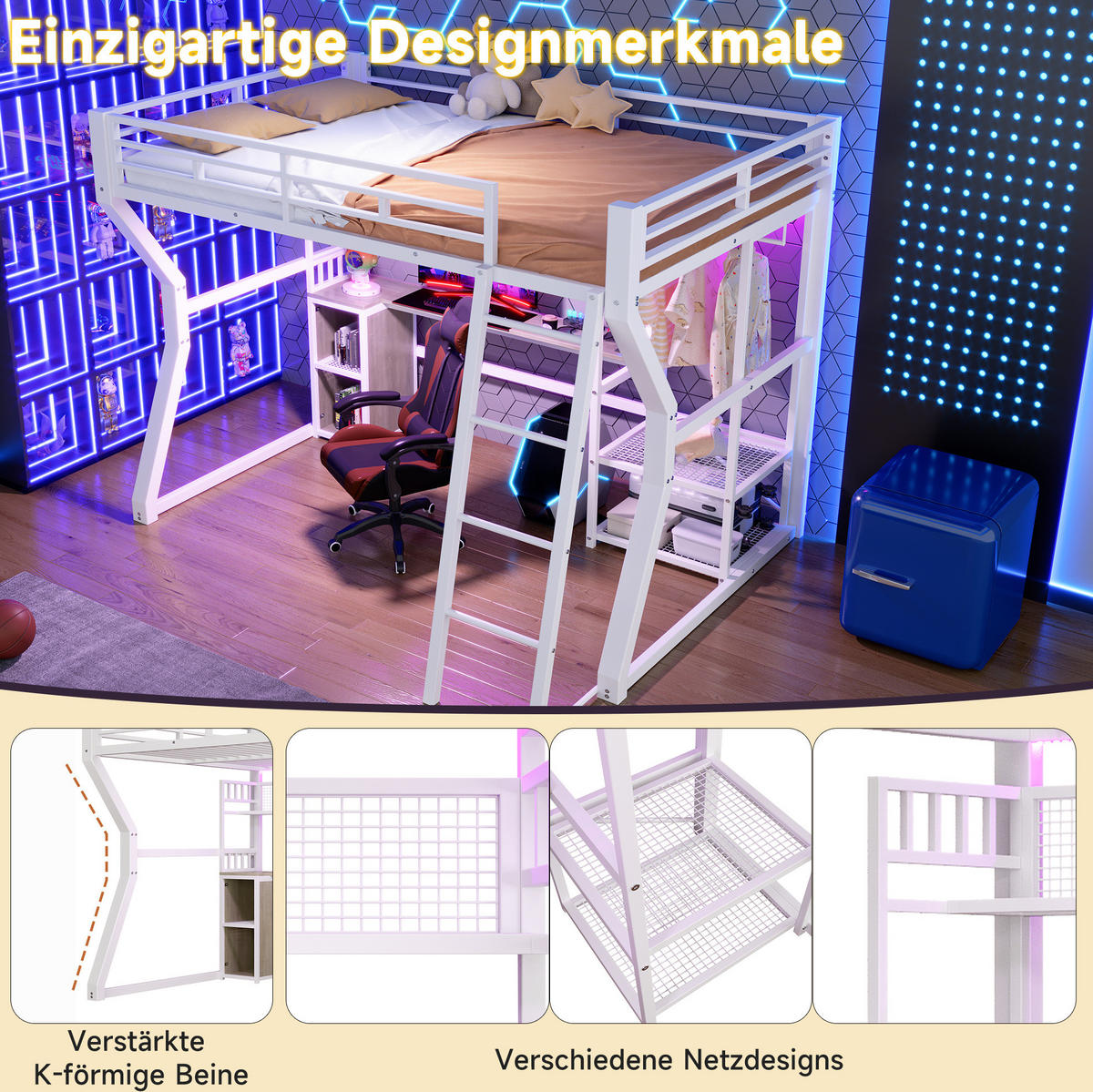 HOCHBETT 140x200 cm in Weiß mit Schreibtisch, Lichtleiste und Steckdose - Weiß, Holzwerkstoff (140/200cm) - IVMEU