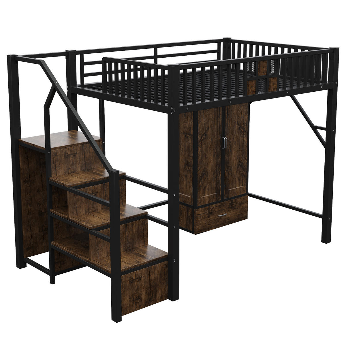 HOCHBETT 140/200 cm in Schwarz mit Kleiderschrank, Schublade und Aufbewahrungsleiter Metall-Holz-Design - Schwarz, Holzwerkstoff/Metall (140/200cm) - STILVORA