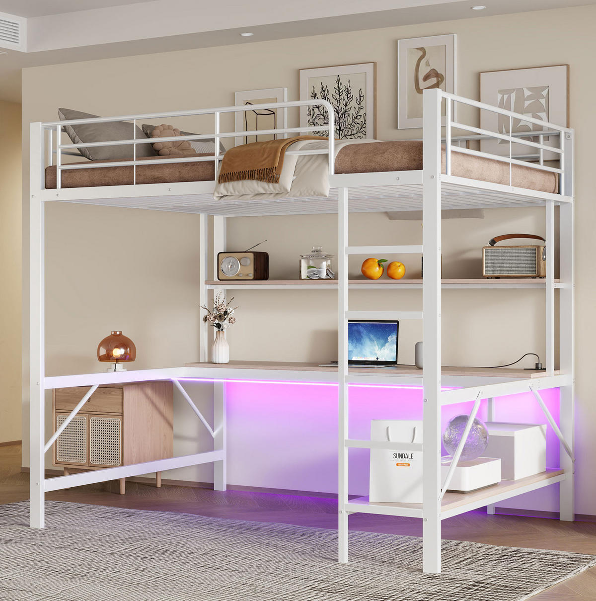 HOCHBETT 140/200 cm mit Schreibtisch, Regal, USB, Steckdose und LED-Beleuchtung aus Metall/MDF, Weiß - Weiß, Metall (140/200cm) - Redom