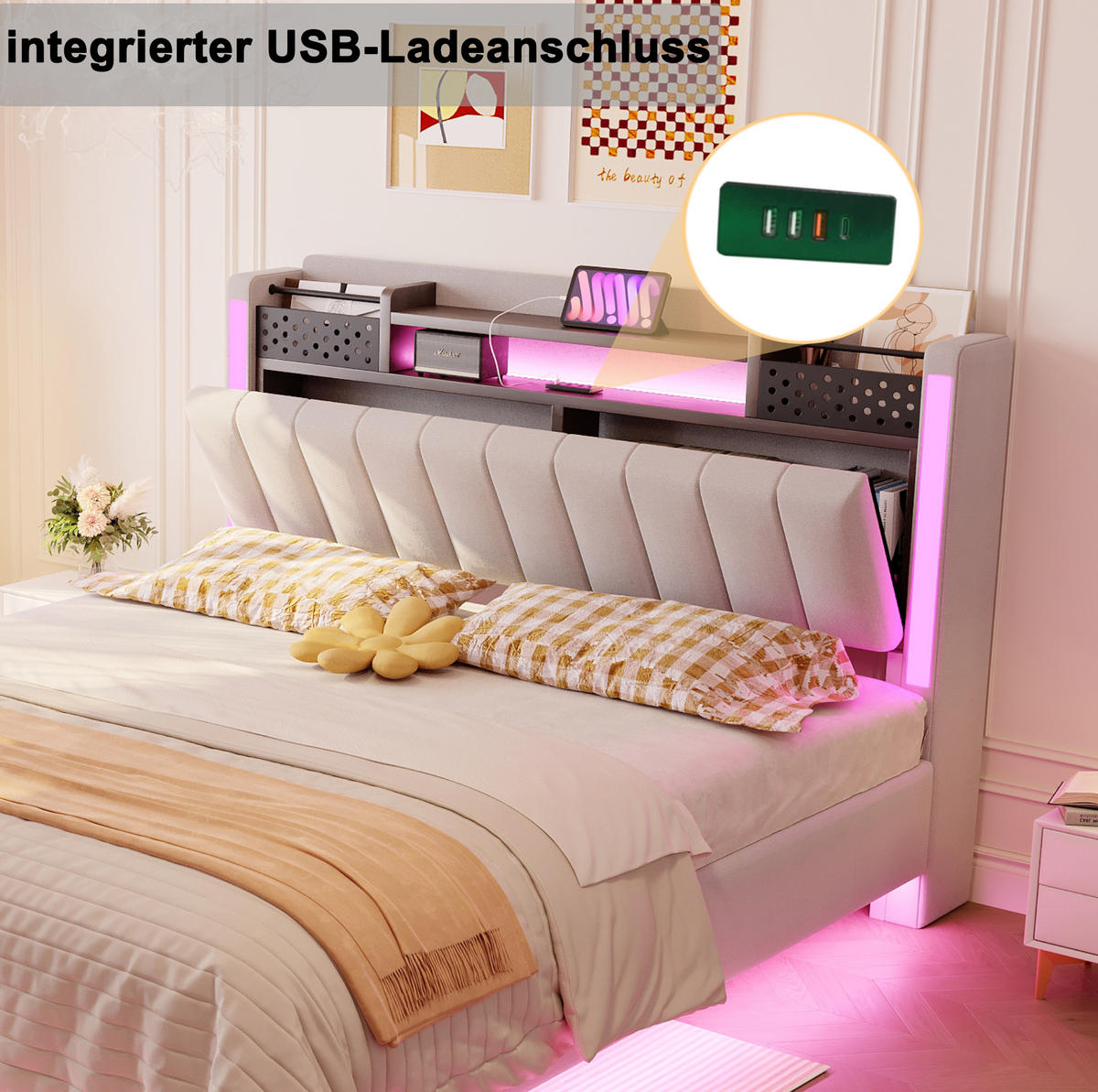 POLSTERBETT 140/200 cm Beige aus Leinenstoff mit LED-Beleuchtung und USB-Anschluss - Beige, Textil (140/200cm) - OKMYHOME