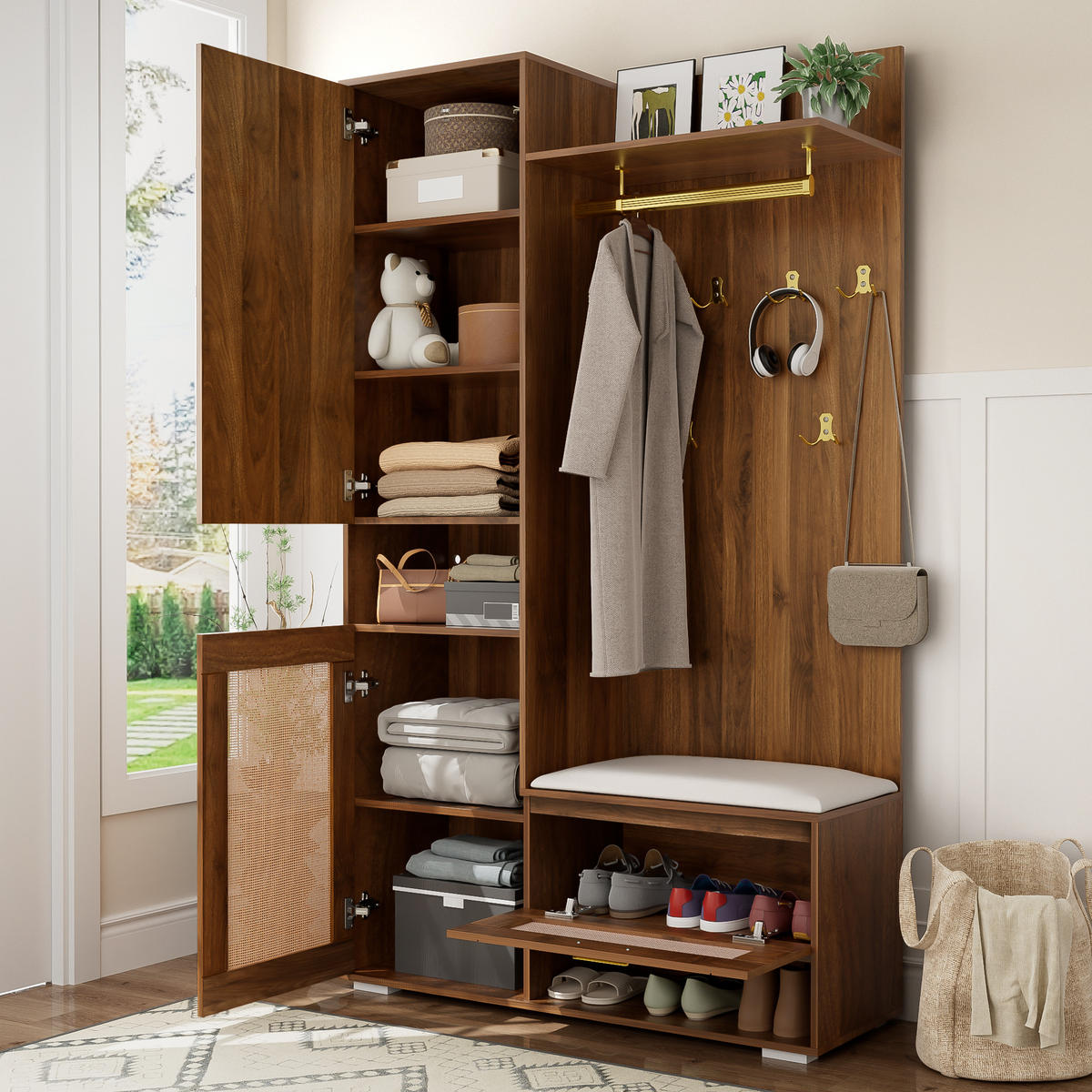 SCHUHSCHRANK aus MDF & Spanplatte 110x38x190cm in Walnuss mit Spiegel & LED - Walnussfarben, Holzwerkstoff (110/190/38cm) - Modfu