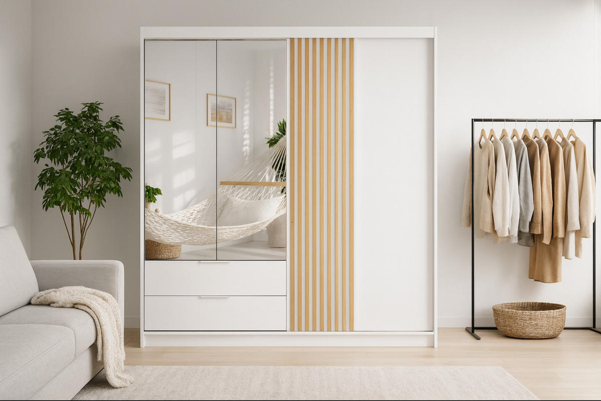 DREHTÜRENSCHRANK MAROKO 203/213/60 cm in Weiß matt mit Lamellen - Weiß, Holzwerkstoff (203/60/213cm) - Deine Möbel 24