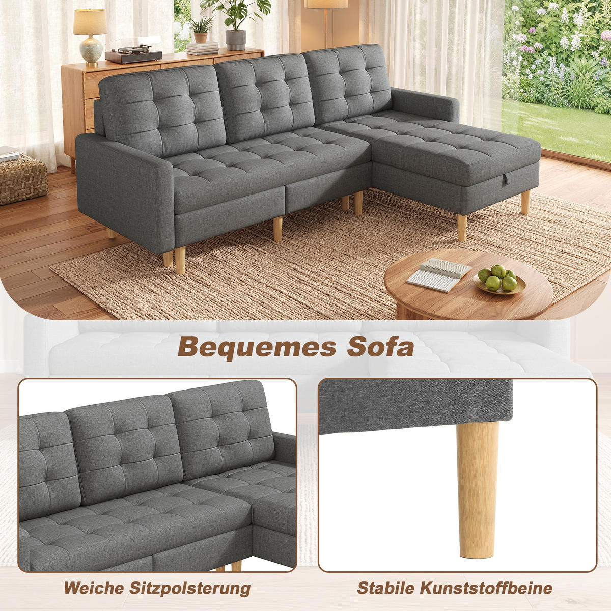 ECKSOFA L Form Stauraum Chaiselongue 3 Sitzer Grau 212cm - Grau, Textil (212/130cm) - FLIEKS