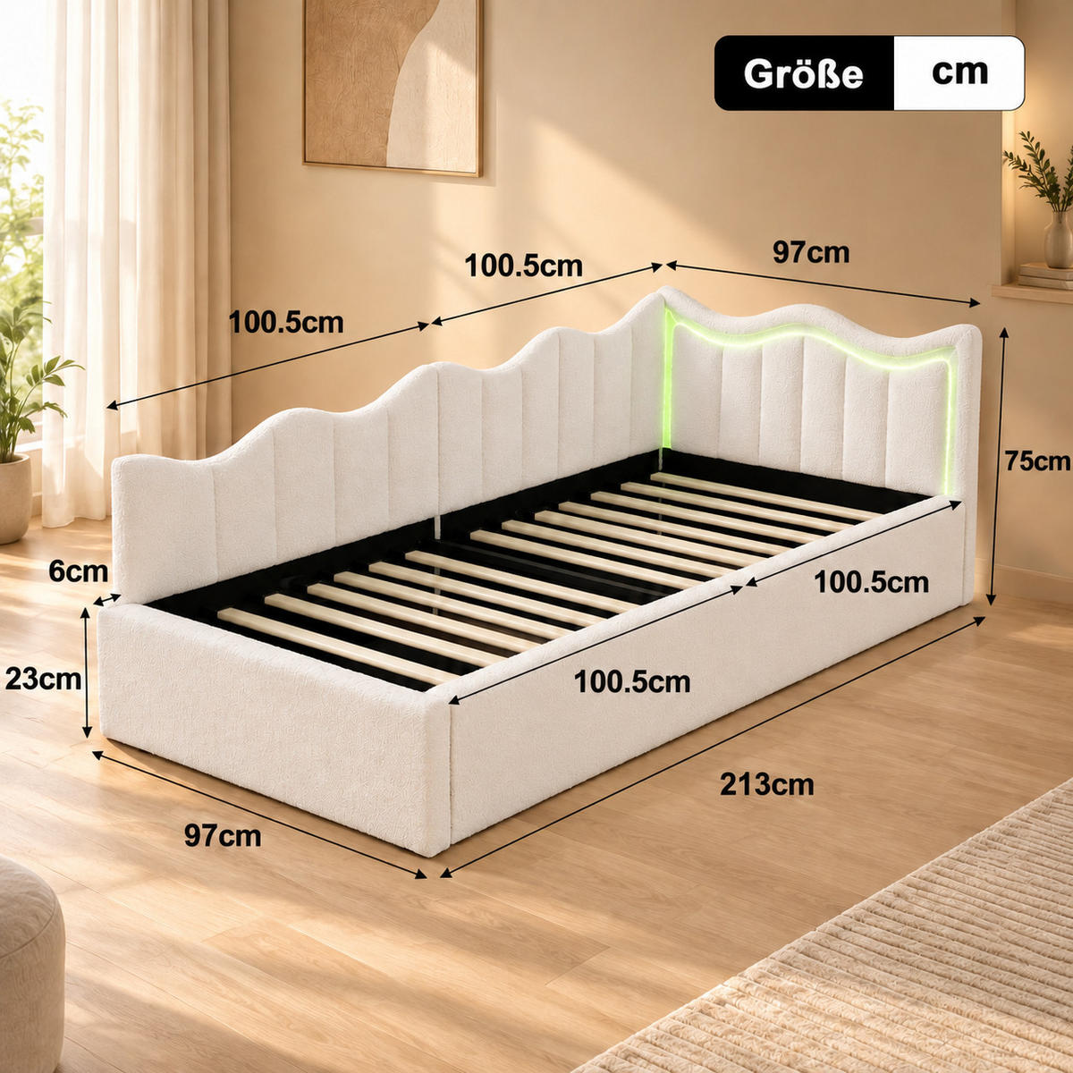 SCHLAFSOFA Samt cremeweiß mit RGB-LED-Beleuchtung, Fernbedienung, großem Stauraum unter der Liegefläche - Beige, Metall (97/75/213cm) - Joyfair