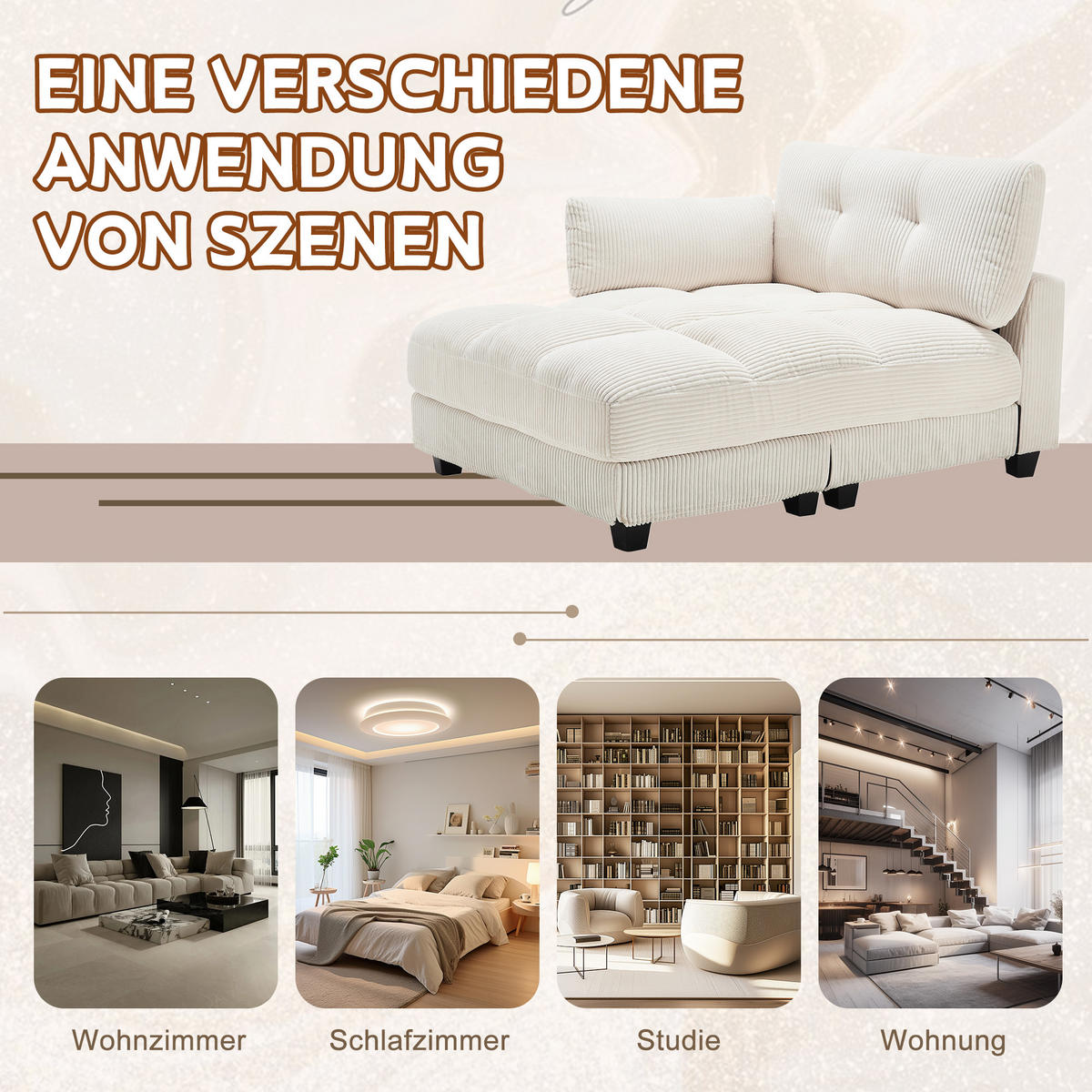 RÉCAMIERE Cord Beige mit USB, Getränkehaltern und Seitentasche - Beige, Holzwerkstoff/Kunststoff (140/81/121cm) - WISHDOR