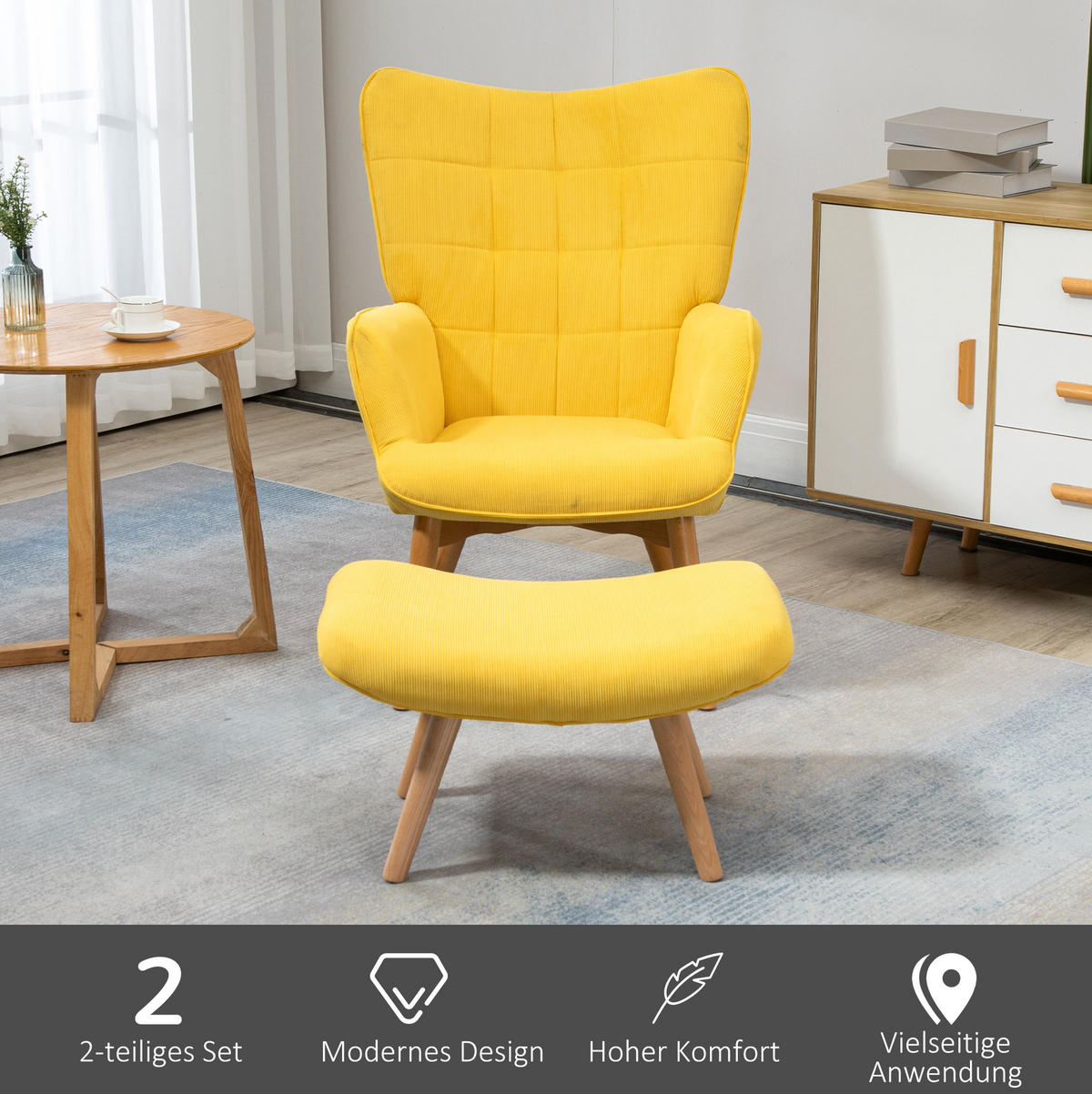 OHRENSESSEL 72/80/101 cm in Gelb mit Hocker und Buchenholzbeinen - Gelb, Textil (72/101/80cm) - Flora Grace