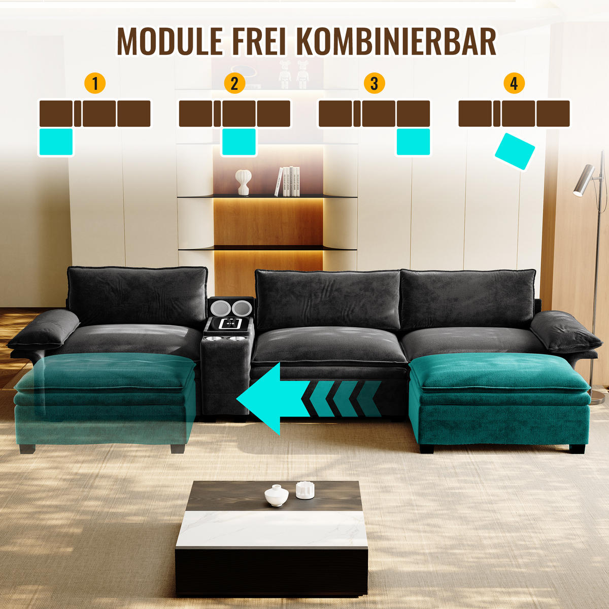4-SITZER ECKSOFA Chenille Schwarz mit Stauraum, LED und USB - Schwarz, Holzwerkstoff/Textil (315/70cm) - WISHDOR