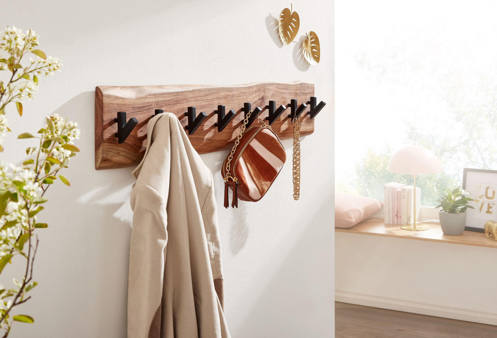 Thumbnail - Kadima Design Wandgarderobe, Beige, Holz, Echtholz,Akazie, Organisch, 90x19x9 cm, Garderobe, Garderobenleisten & Gardero...