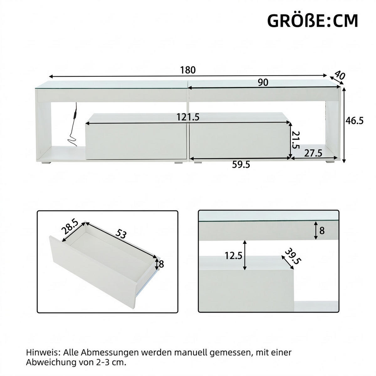 TV-SCHRANK 180/40/46 cm Weiß Hochglanz mit LED und 2 Schubladen - Weiß, Holzwerkstoff (180/46/40cm) - Oxeza