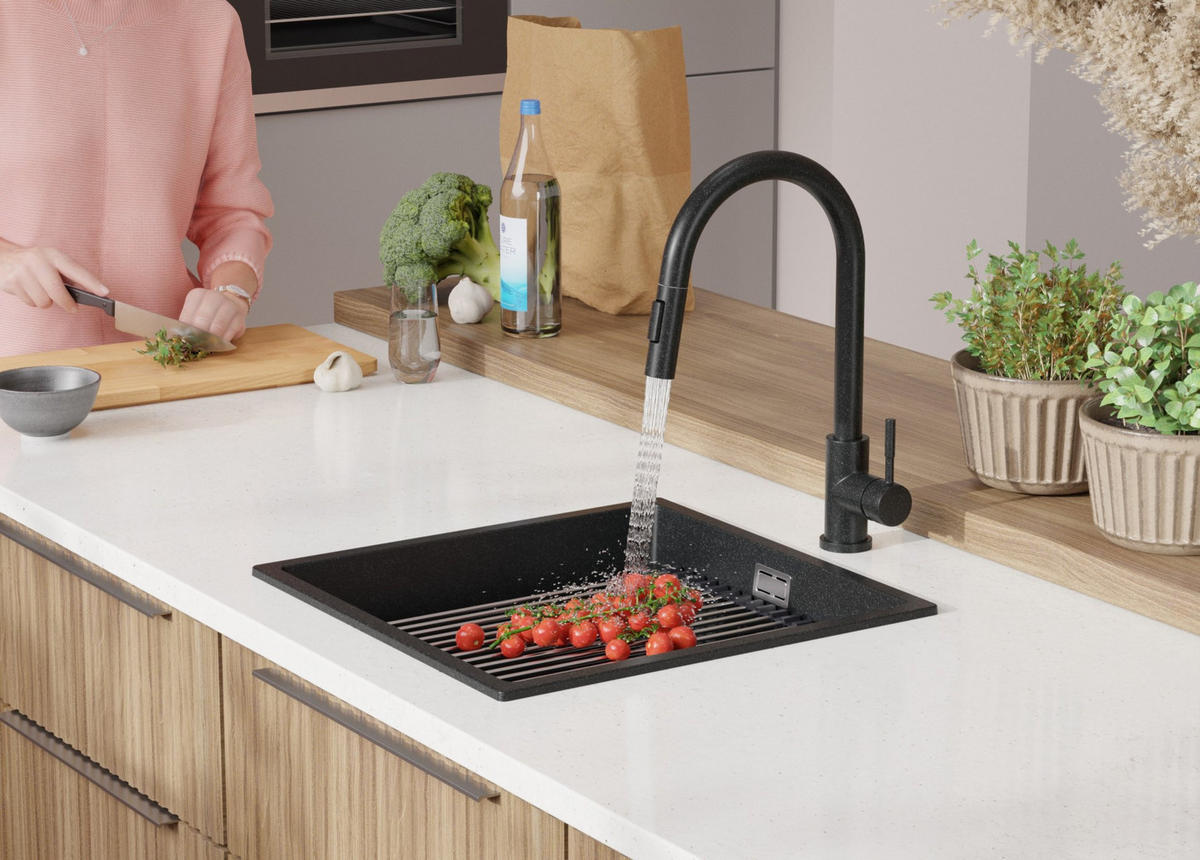 SPÜLBECKEN Praga Slim, 2-er set Anthrazit 46/47 cm 1 Becken + Ablauf-Set + Aufrollbare Abtropffläche ab 50er Unterschrank - Chromfarben/Anthrazit, Kunststoff (46/20/47cm) - Primagran