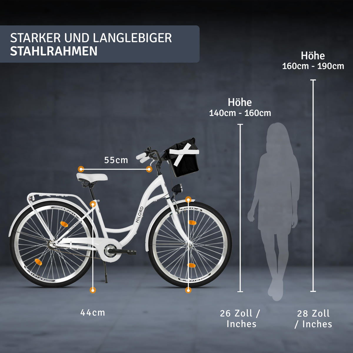 CITY-FAHRRAD Milord mit Metallkorb, 26 Zoll, Weiß, 3-Gang - Weiß, Metall (46cm) - Milordbikes