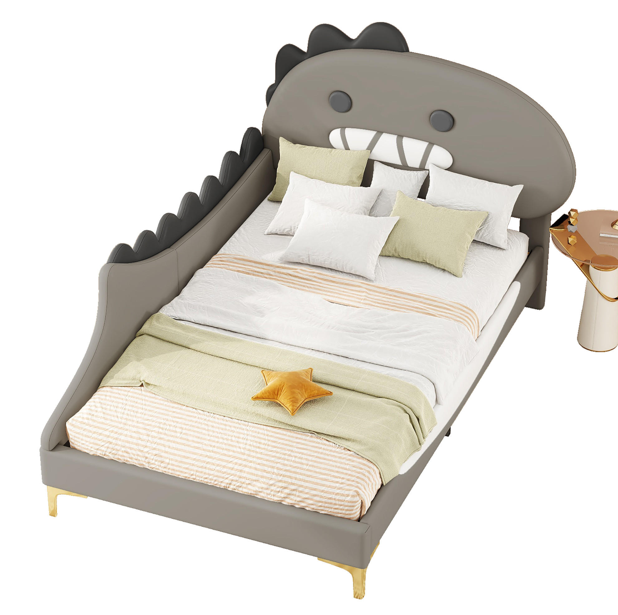 KINDERBETT 90/200 cm in Grau aus PU mit Dinosaurier-Design - Grau, Kunststoff (90/200cm) - Flora Grace