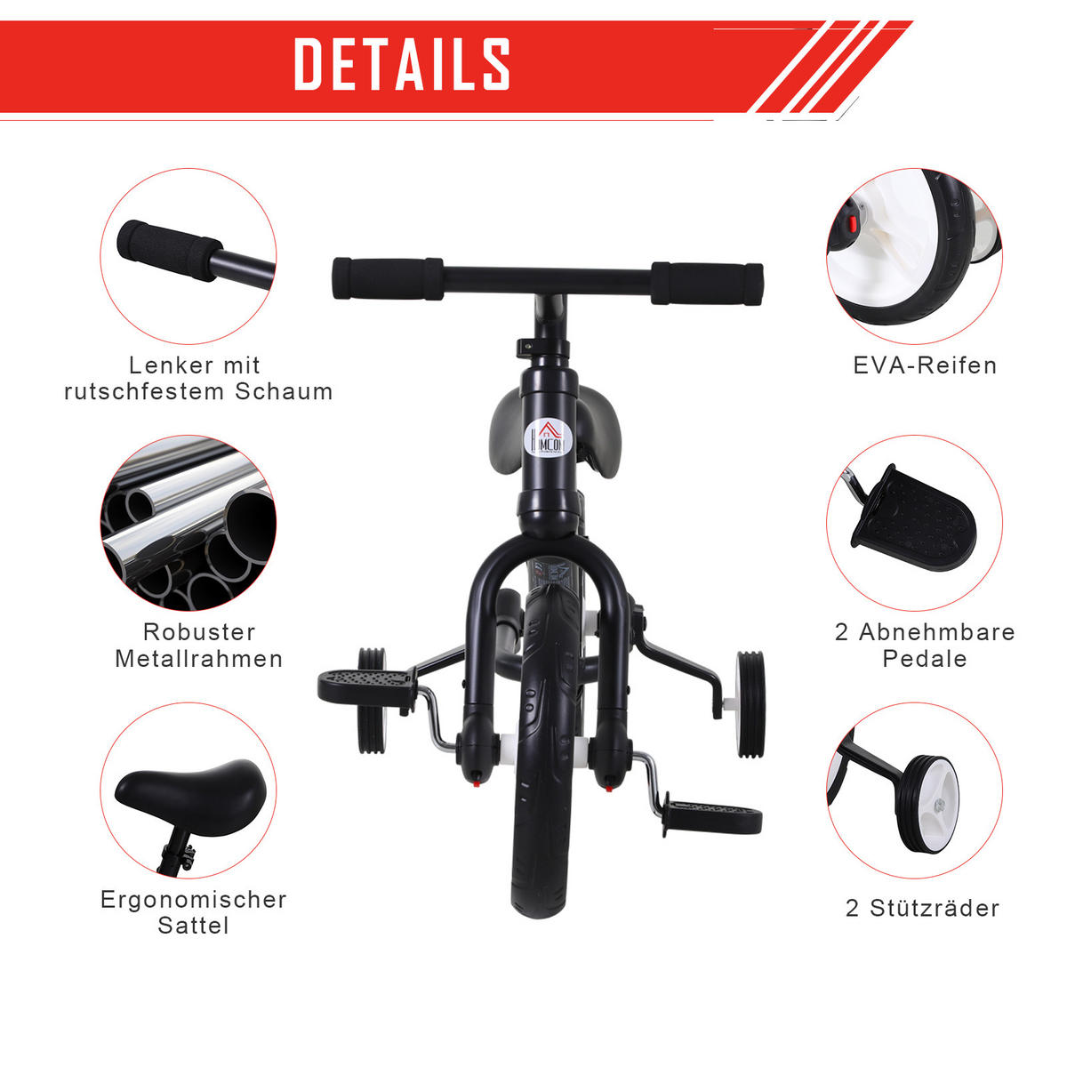 KINDER Laufrad Kinderfahrrad Stützräder Pedale 2-in-1 2-5 Jahre Kunststoff - Schwarz, Kunststoff (85/36/54cm) - HOMCOM