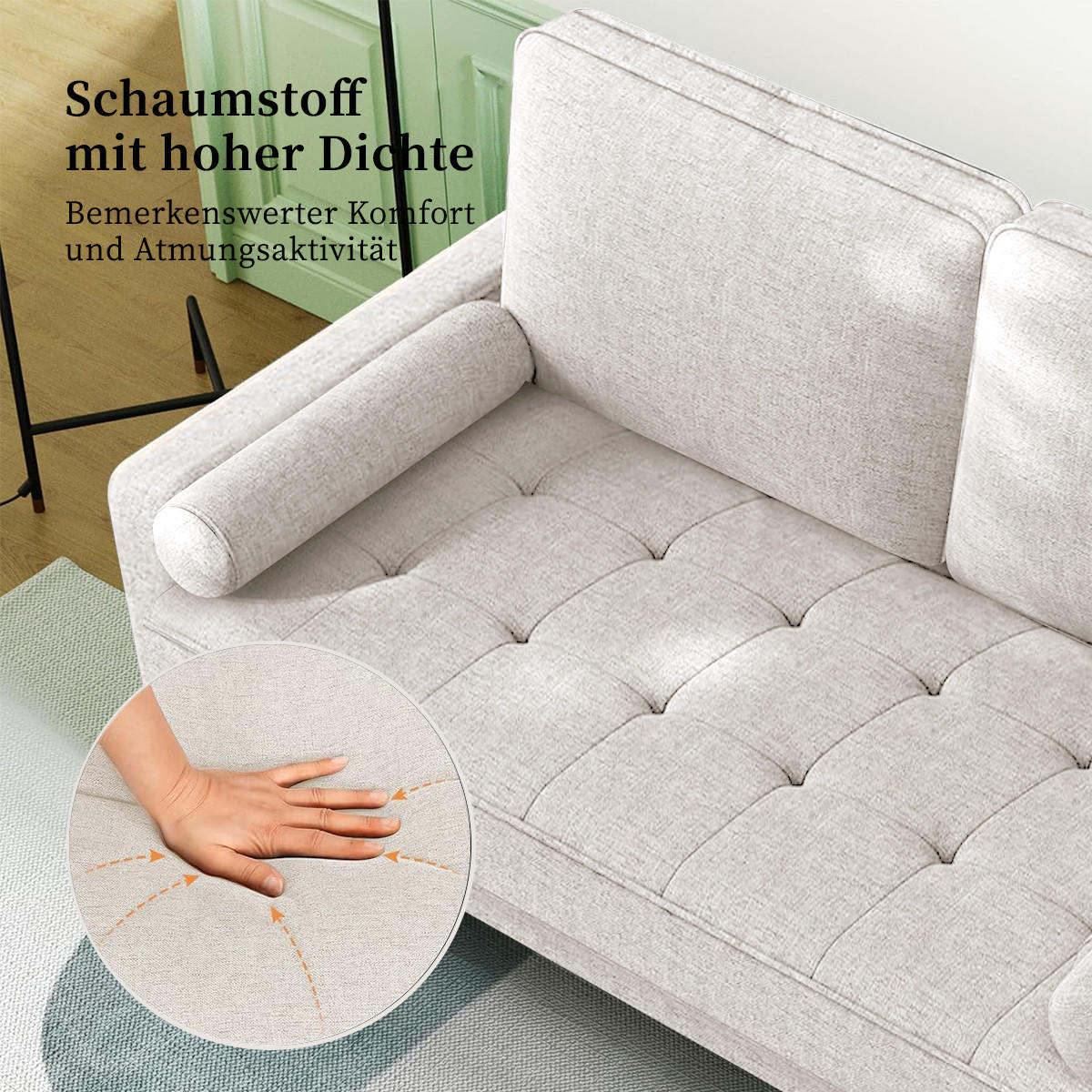SOFA 2-Sitzer Modernes Kleines Sofa 120 cm,Stoffcouch mit Armlehne Knopf-Design, inkl. 2 Wurfkissen Couch für Wohnzimmer,Gästezimmer,Wohnung,Beige - Beige, Textil (51/46/121cm)