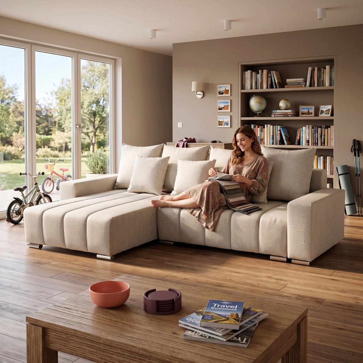 ECKSOFA Piano L Links mit Schlaffunktion 137x234 Velours Creme - Silberfarben/Creme, Holz/Textil (278/178cm) - Muffo