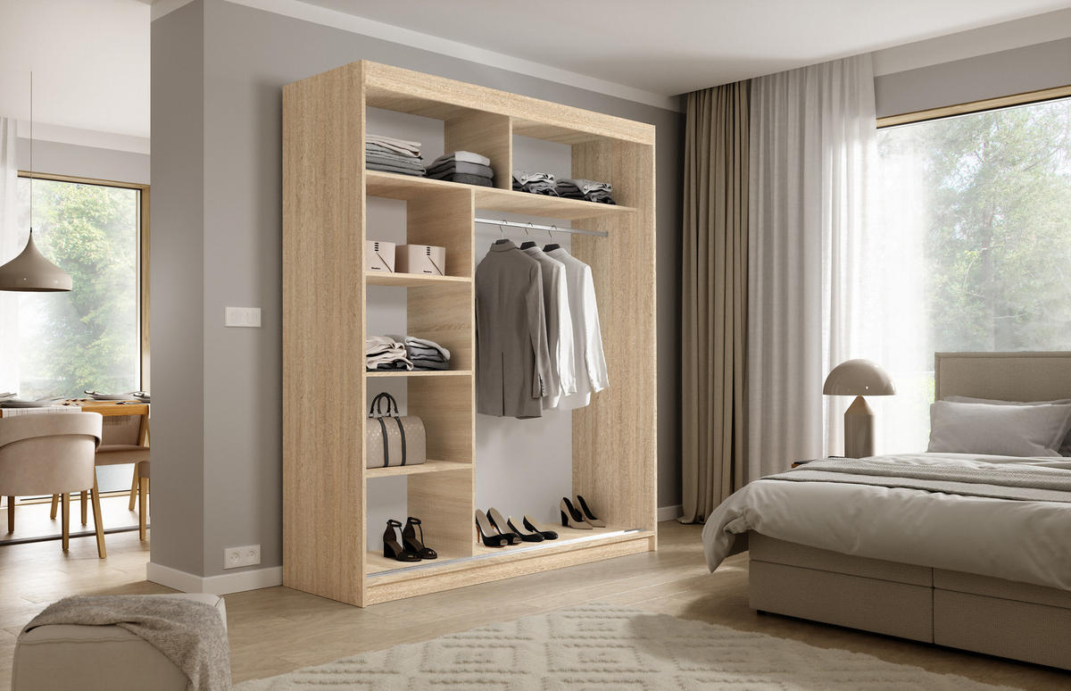 SCHWEBETÜRENSCHRANK VIVA 200/215,5/59cm 2-türig mit Spiegel Sonoma Eiche - Sonoma Eiche, Holzwerkstoff (200/215.5/59cm) - MASSENO