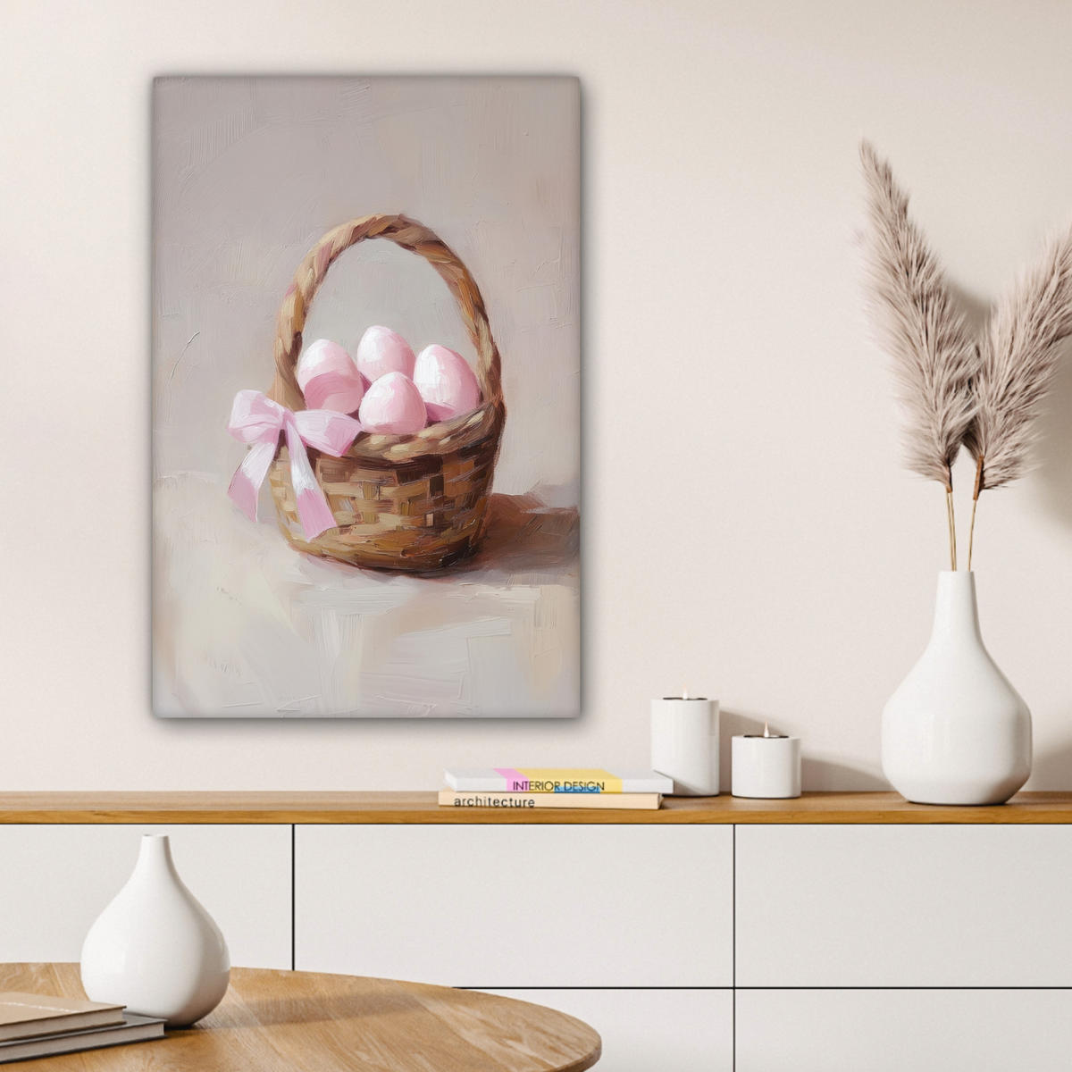 LEINWANDBILD Korb - Eier - Rosa Wanddeko Schlafzimmer 60x90 cm - Beige, Textil (60/90cm) - MuchoWow