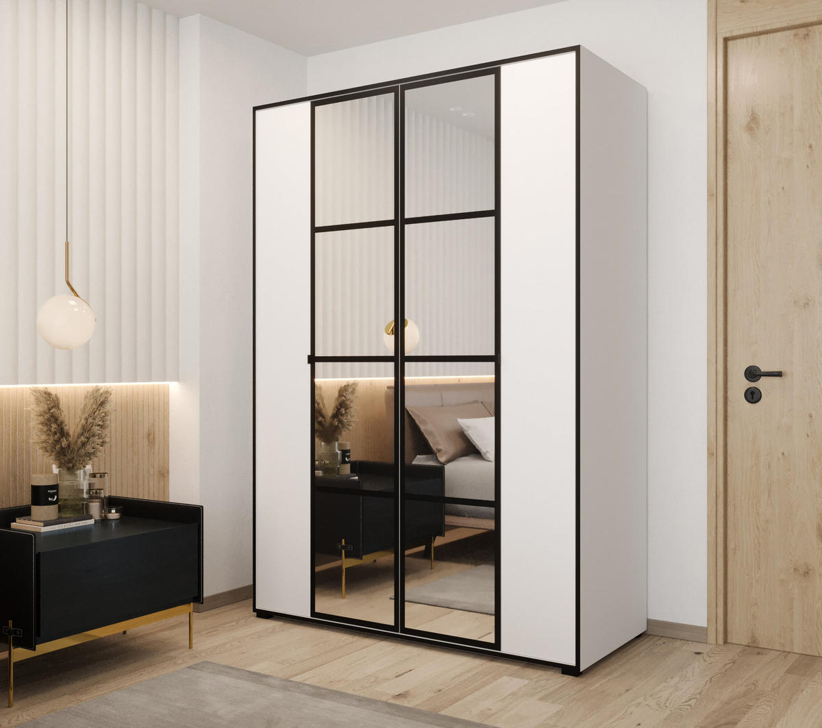 DREHTÜRENSCHRANK MODENA 150, 4-türig Kleiderschrank mit 2 Spiegel, Moderne Garderobe, Schrank in Größe: 150 x 206 x 65 cm - Schwarz/Weiß, Holzwerkstoff (150/206/65cm) - O-Sofa