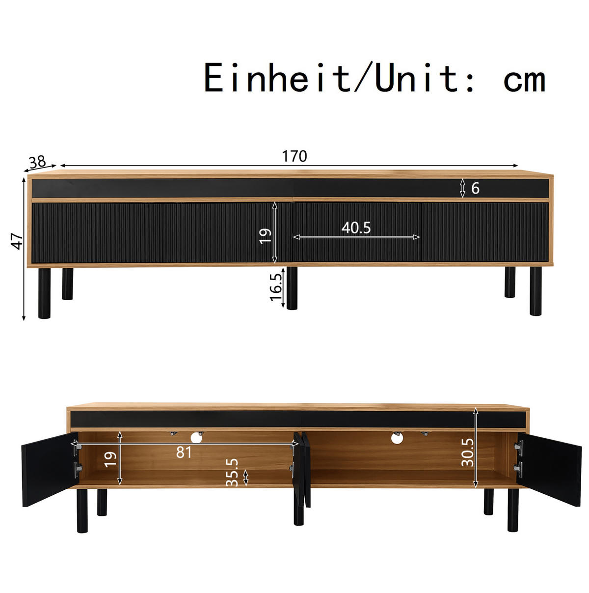 TV stolek 170/38/47 cm s 4 dvířky a bezúchytkovým otevíráním, Černá a přírodní - černá, kompozitní dřevo (170/47/38cm) - Redom