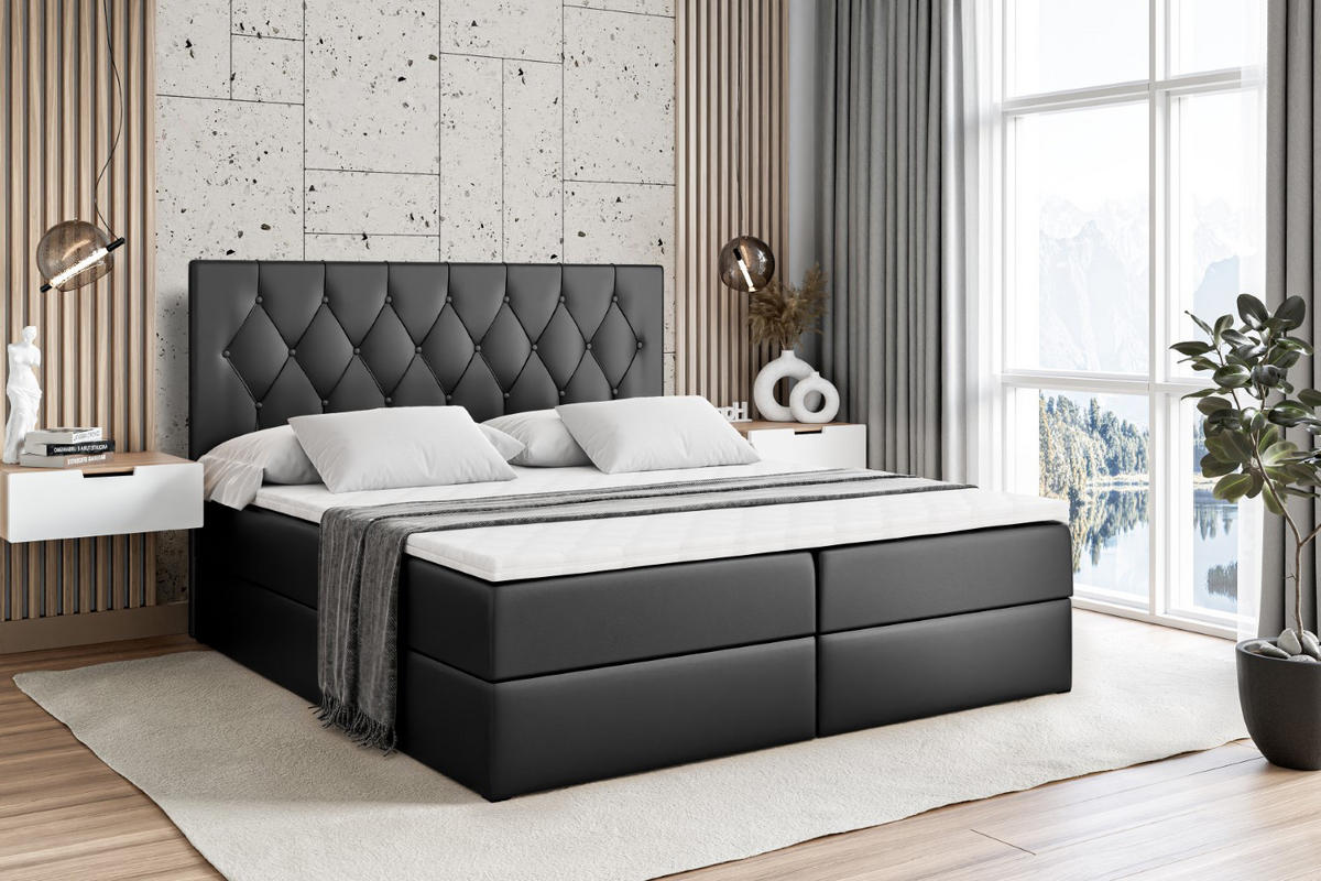 BOXBETT mit H4-Matratze und Lattenrost - VELANTO-BZ - 180x200 Hellgrau - Schwarz Hochglanz, Holzwerkstoff (180/200cm) - ALTDECOR