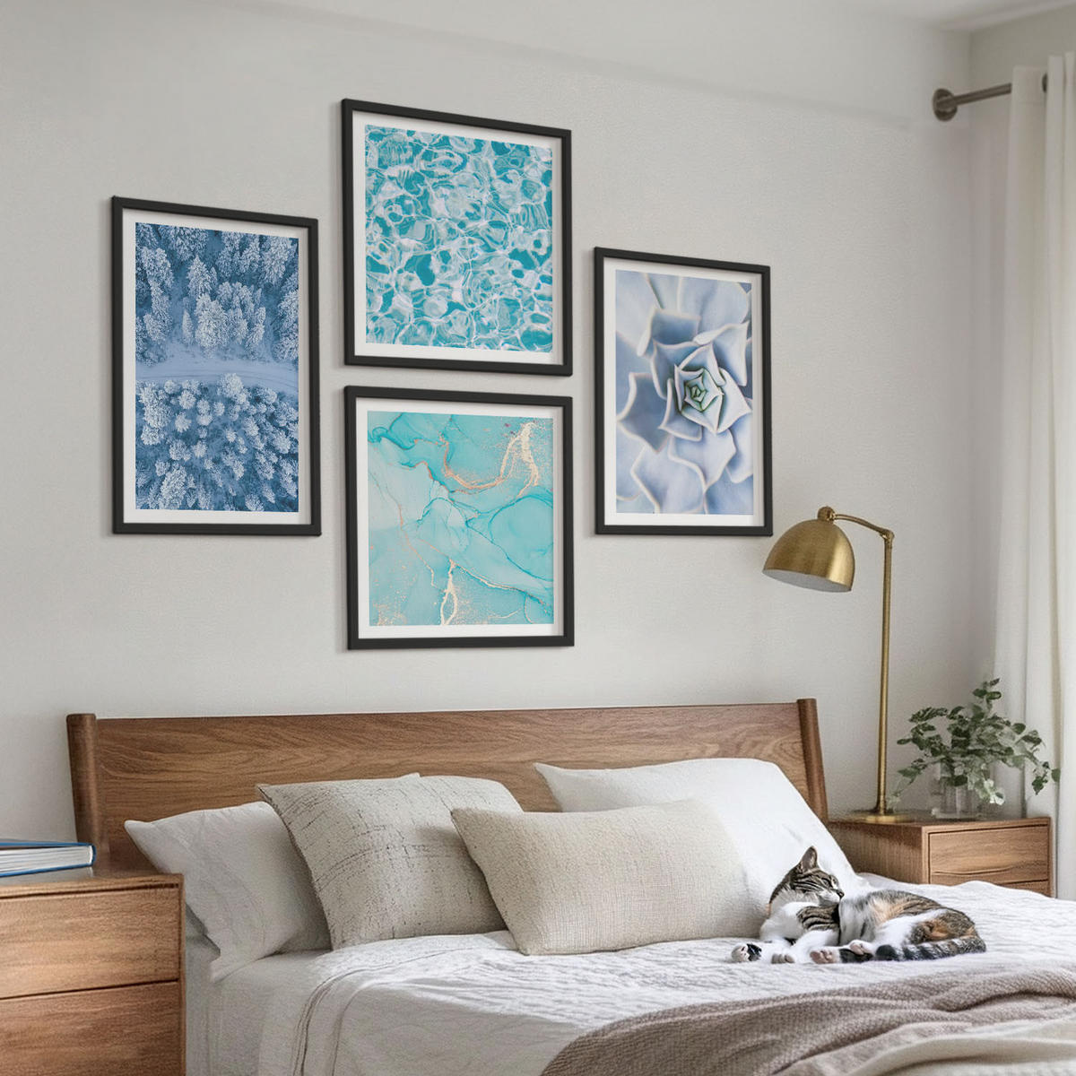 WANDBILDER 4er-Set - 50x50 cm & 40x60 cm Schwarzer Rahmen - Winterwald-Blaublume - Schwarz, Kunststoff (50/50cm) - ArtPrintCave