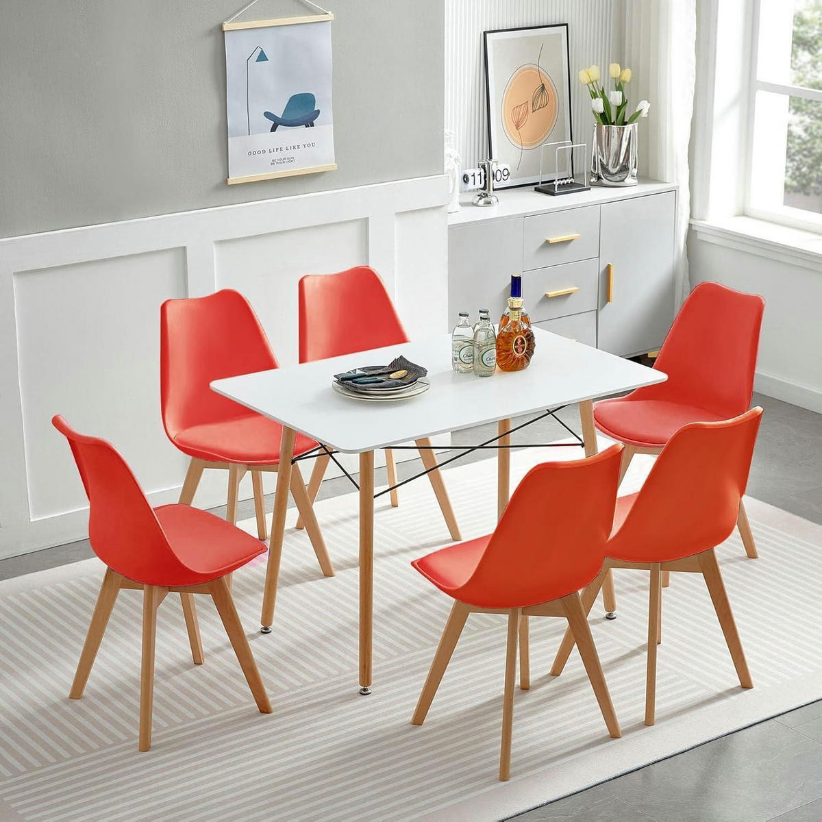 ESSZIMMERSTUHL 8er Set Rot mit Massivholzbeinen - Rot, Kunststoff (47.5/82/41cm)