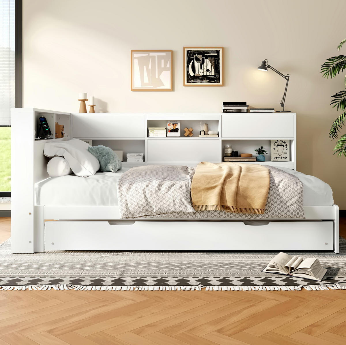 POLSTERBETT aus Kiefernholz & MDF 90x190/200 cm in Weiß mit Ausziehbett & USB-C - Weiß, Holzwerkstoff (90/200cm) - Modfu