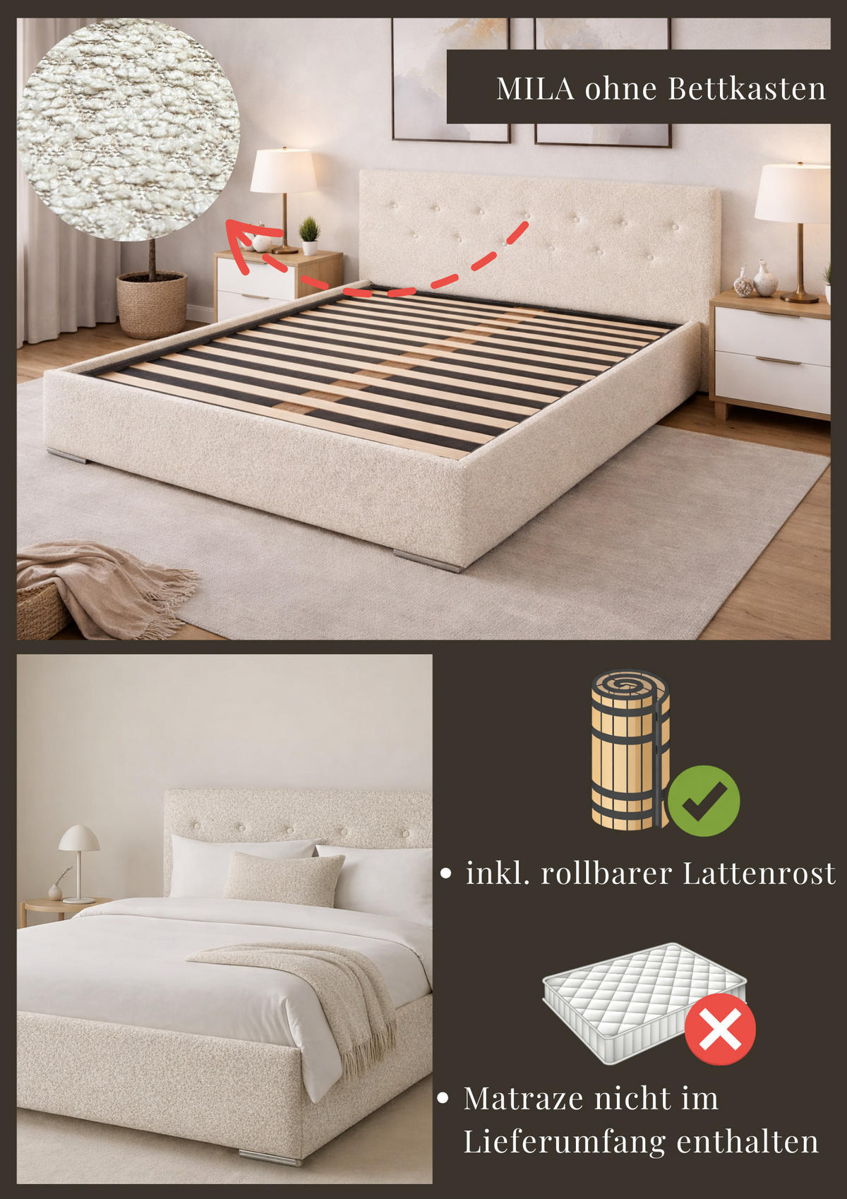 ČALOUNĚNÁ POSTEL MILA 160 s rošt – látka MARCELLO 18301 - béžová, kompozitní dřevo (160/200cm) - Kier Furniture