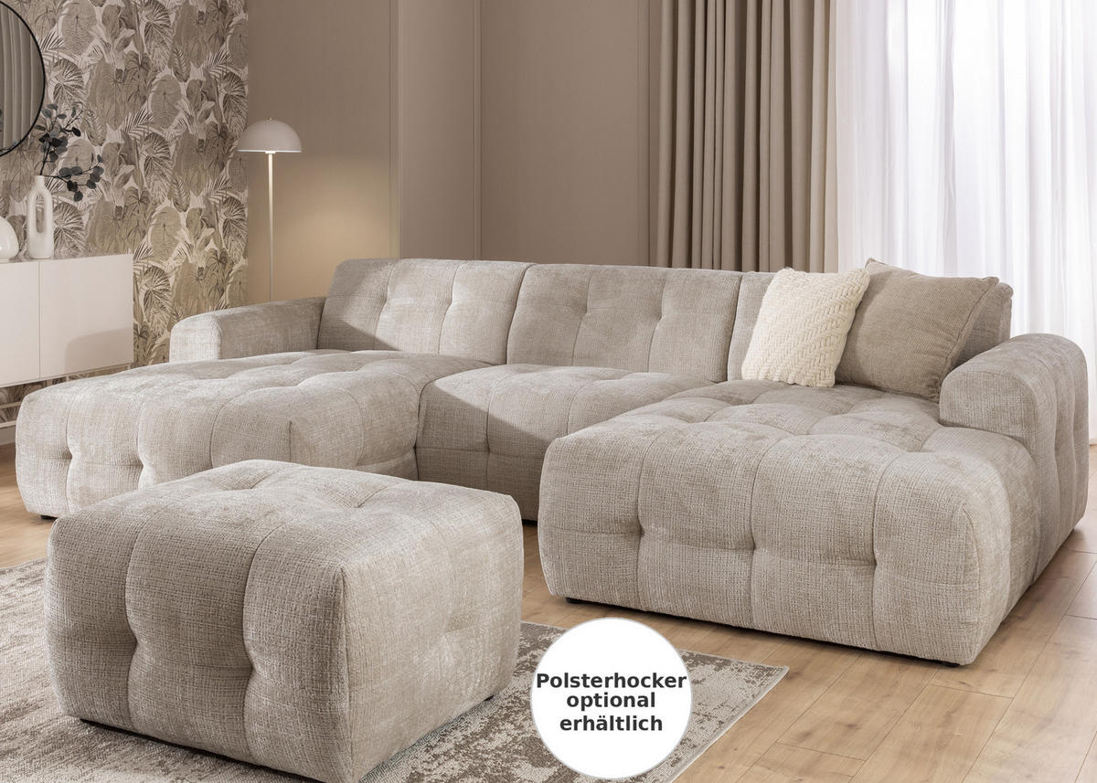 WOHNLANDSCHAFT in U-Form mit raffinierten Steppungen, 6-Sitzer, Wellenunterfederung, B323/T161/H79 cm, Chenille-Bezug in Sand Grau / 21048 - Sandfarben/Greige, Kunststoff/Textil (323/79/161cm) - luma-home