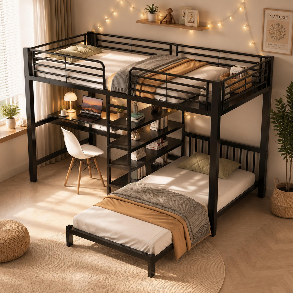 HOCHBETT 90/200 cm mit Schreibtisch und USB, DE-41975, in Schwarz - Schwarz, Metall (90/200cm) - ComfortXL