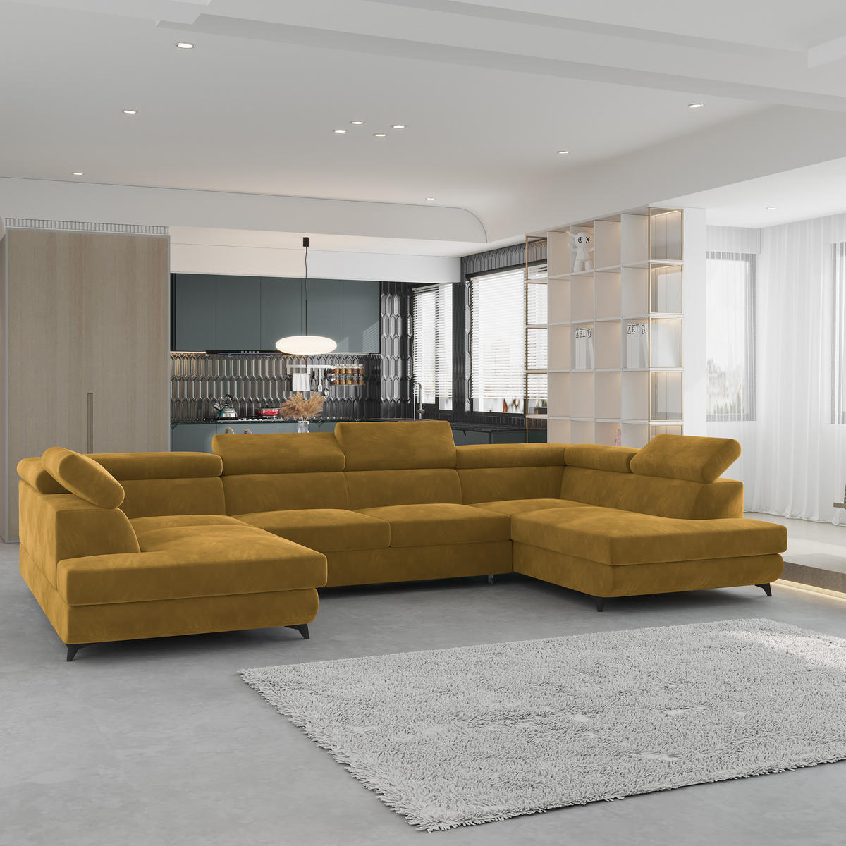 WOHNLANDSCHAFT VINTESSA Gelb Velours-Stoff mit Schlaffunktion - Gelb, Holz (323/89/190cm) - MASSENO