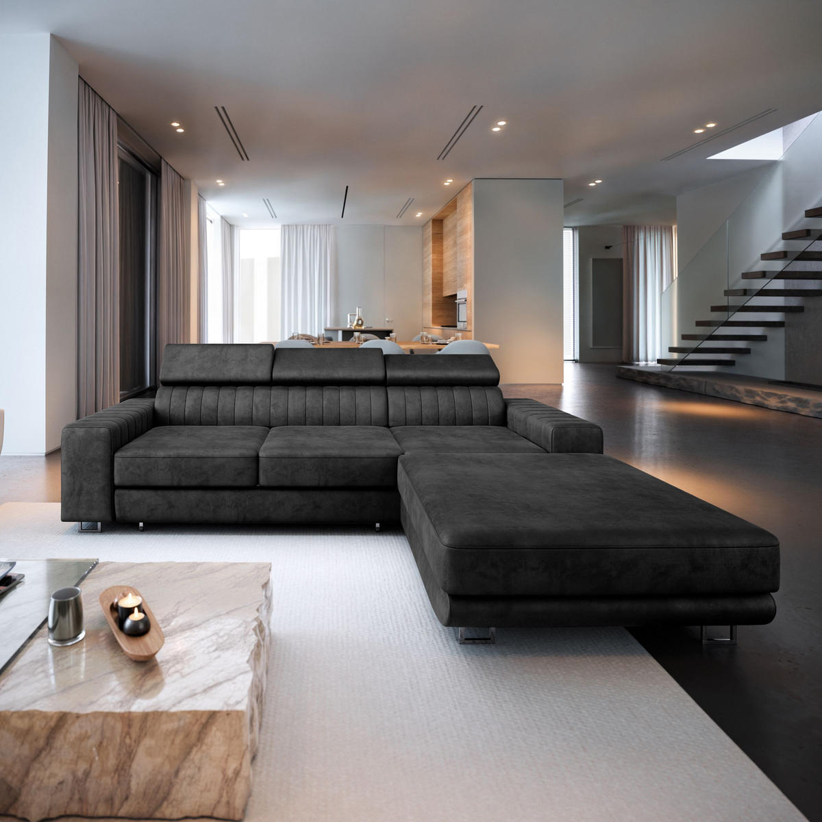 ECKSOFA NOTO L-S Schwarz Velours-Stoff mit Schlaffunktion - Schwarz, Holz (267/190cm) - MASSENO