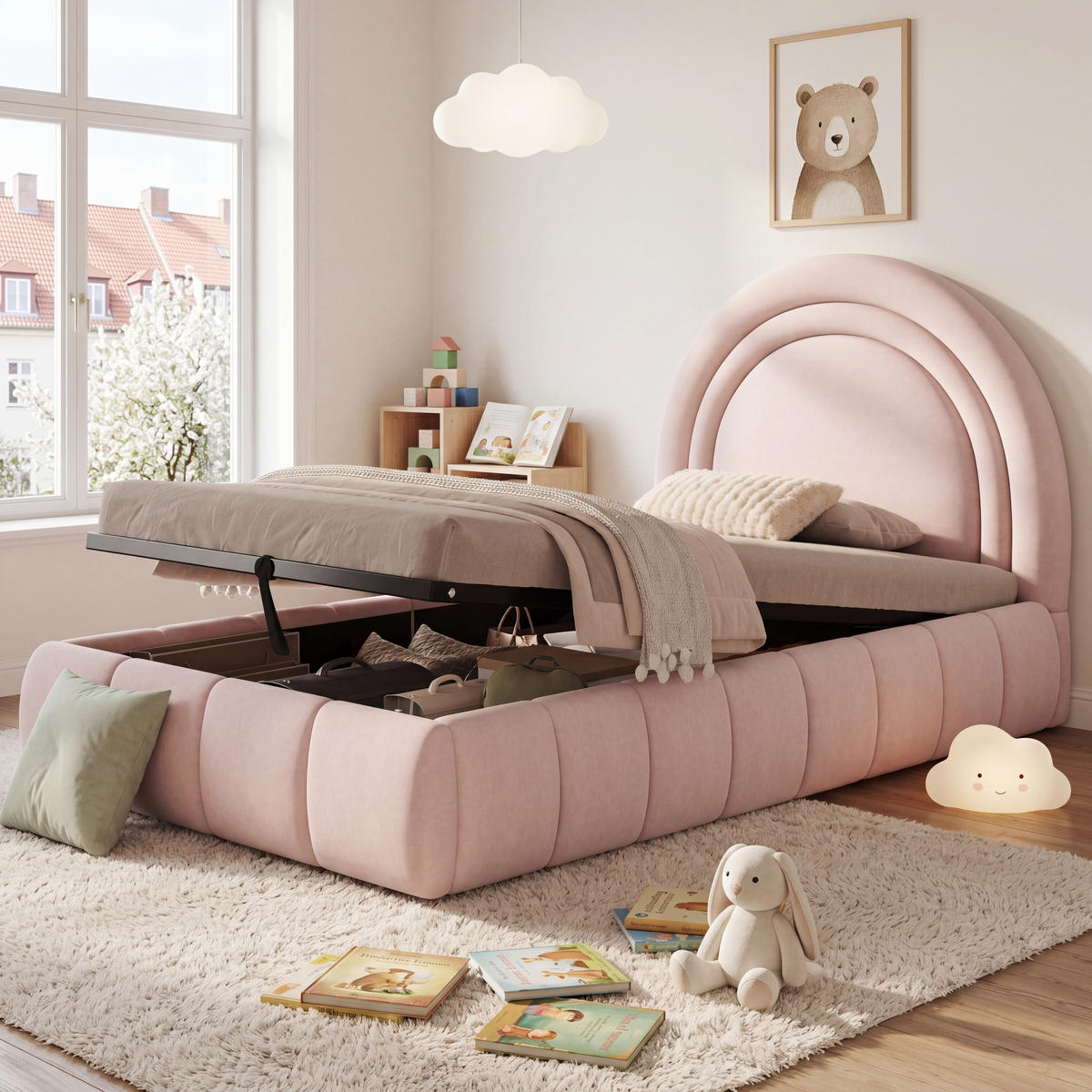 KINDERBETT Rosa Samt 90x200 Hydraulik Stauraum Lattenrost - Pink, Textil (90/200cm) - FLIEKS