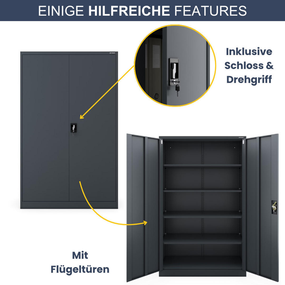 AKTENSCHRANK abschließbar KADO Flügeltüren 185x115x60cm Anthrazit - Anthrazit, Metall (115/185/60cm) - DELUKE