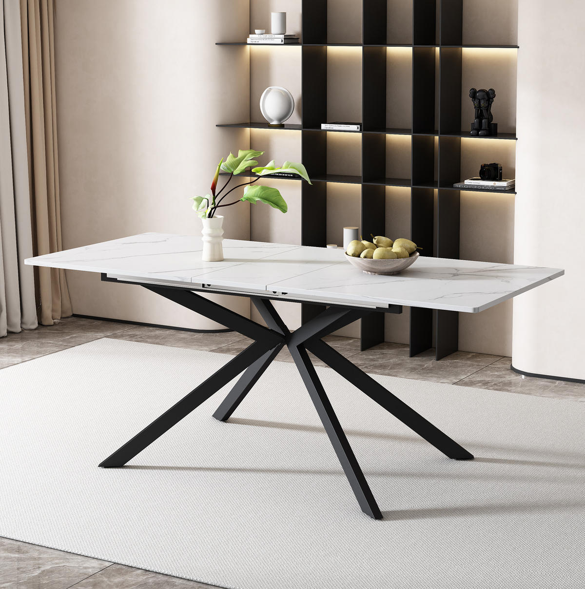 ESSTISCH aus MDF 150/180x70x76 cm Schwarz/Weiß erweiterbar mit Kreuzbeingestell und Marmorstruktur - Schwarz, Holzwerkstoff (180/70/75.5cm) - Modfu
